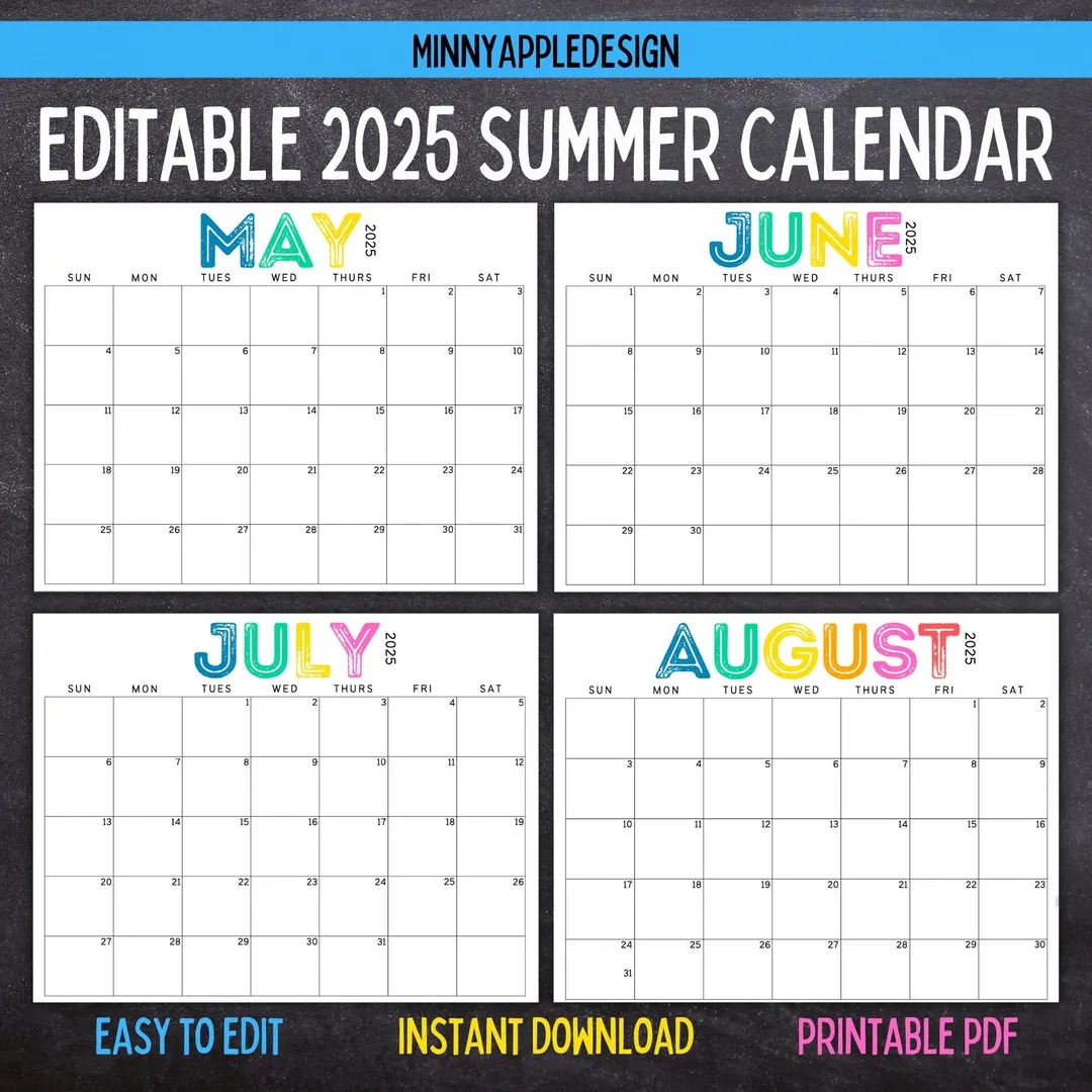 Printable Editable SUMMER Calendar June July August Calendar May 2025 June 2025 July 2025 August 2025 Summer Planner Etsy