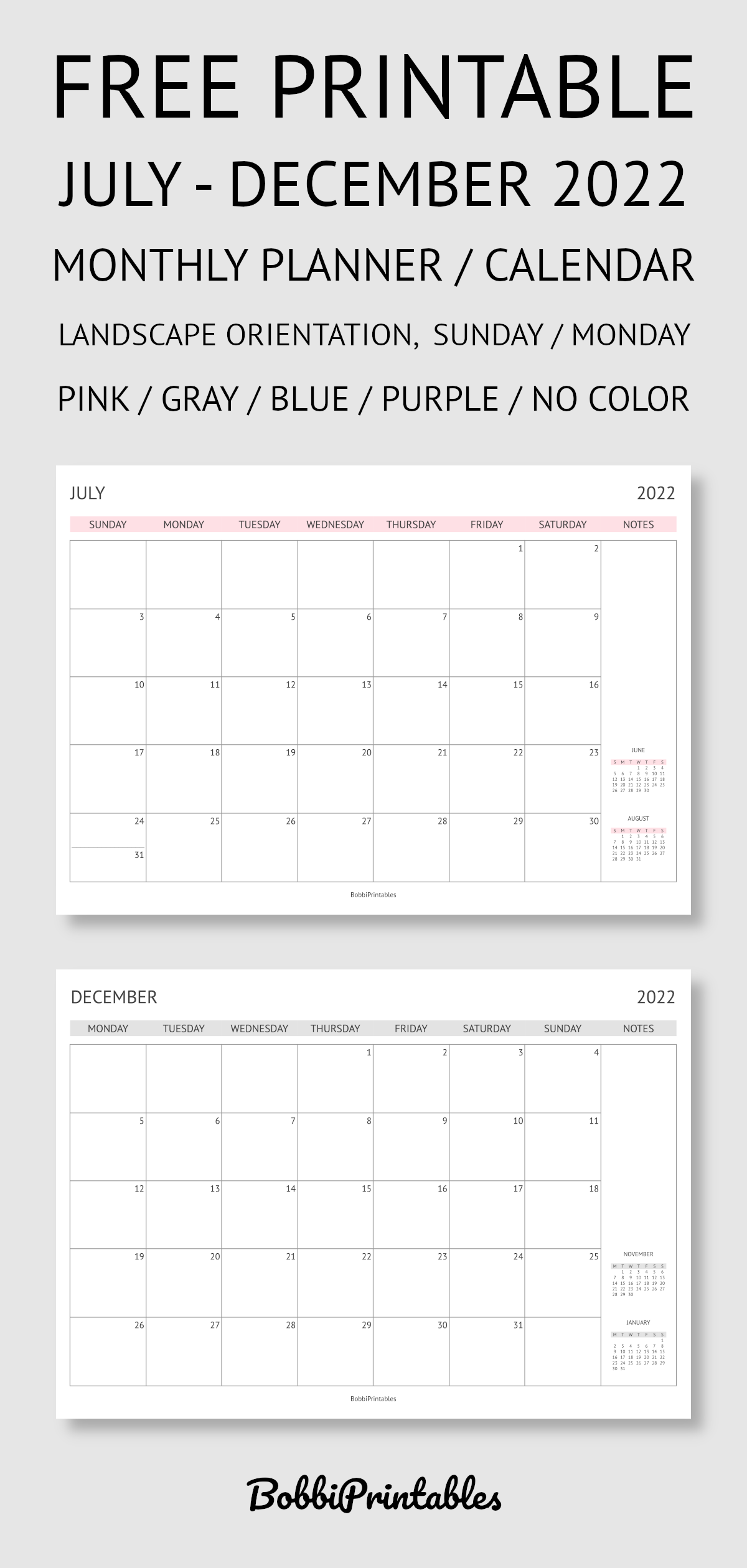 Printable July December 2022 Monthly Planner Calendar Landscape Orientation