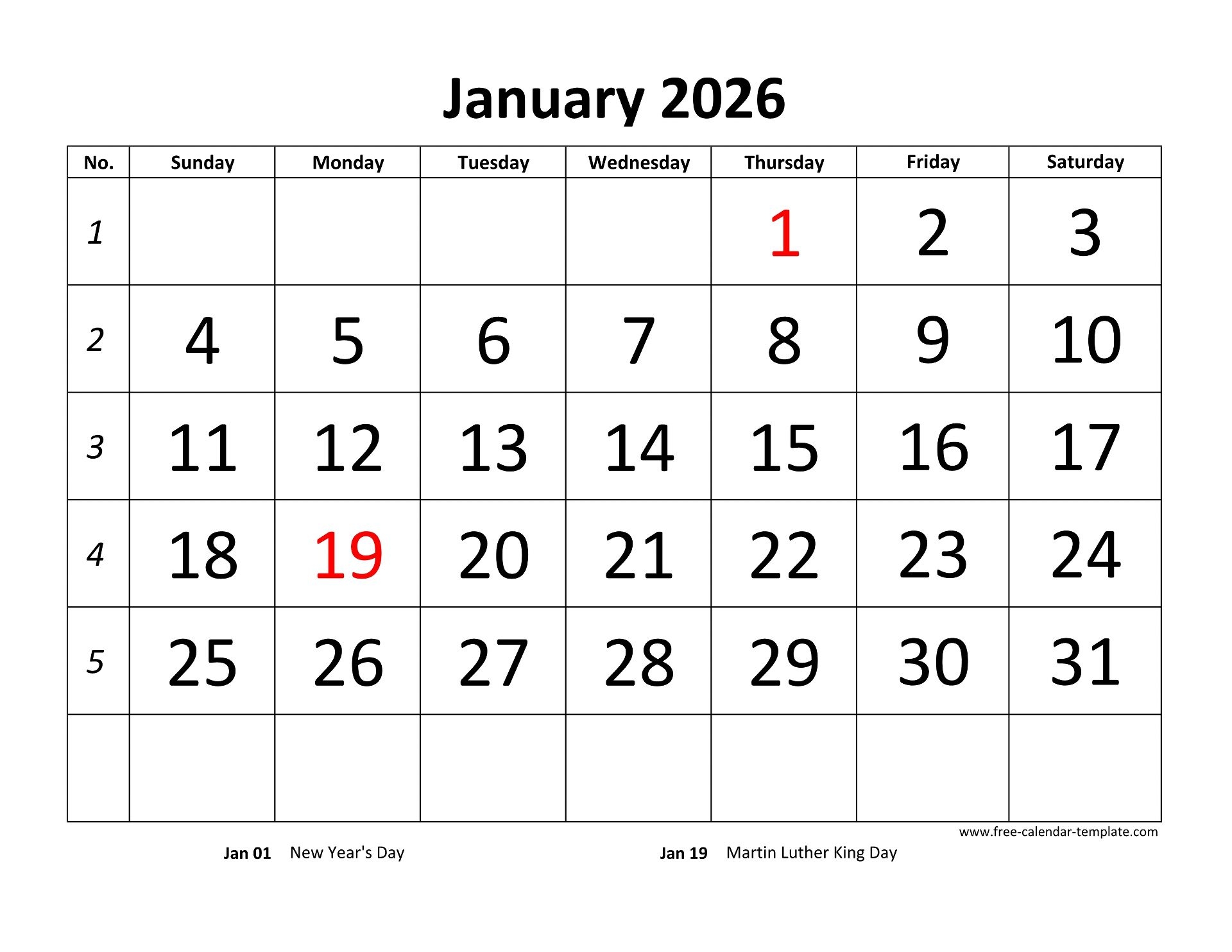 Free Printable Blank 2026 Calendar