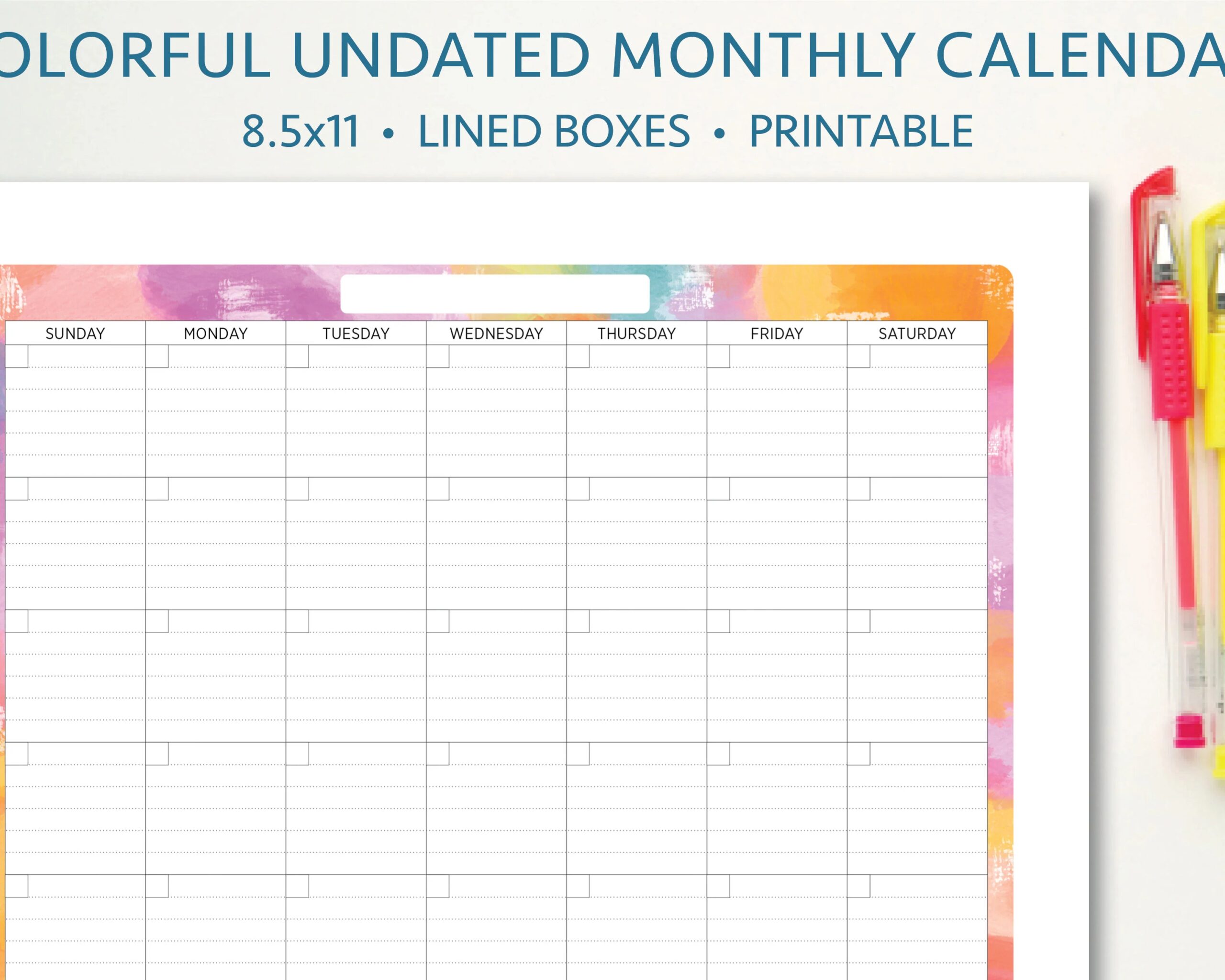 Printable Monthly Calendar Undated Colorful Printable Calendar With Lines Lined For Organization Family Planning Printable Planner Etsy