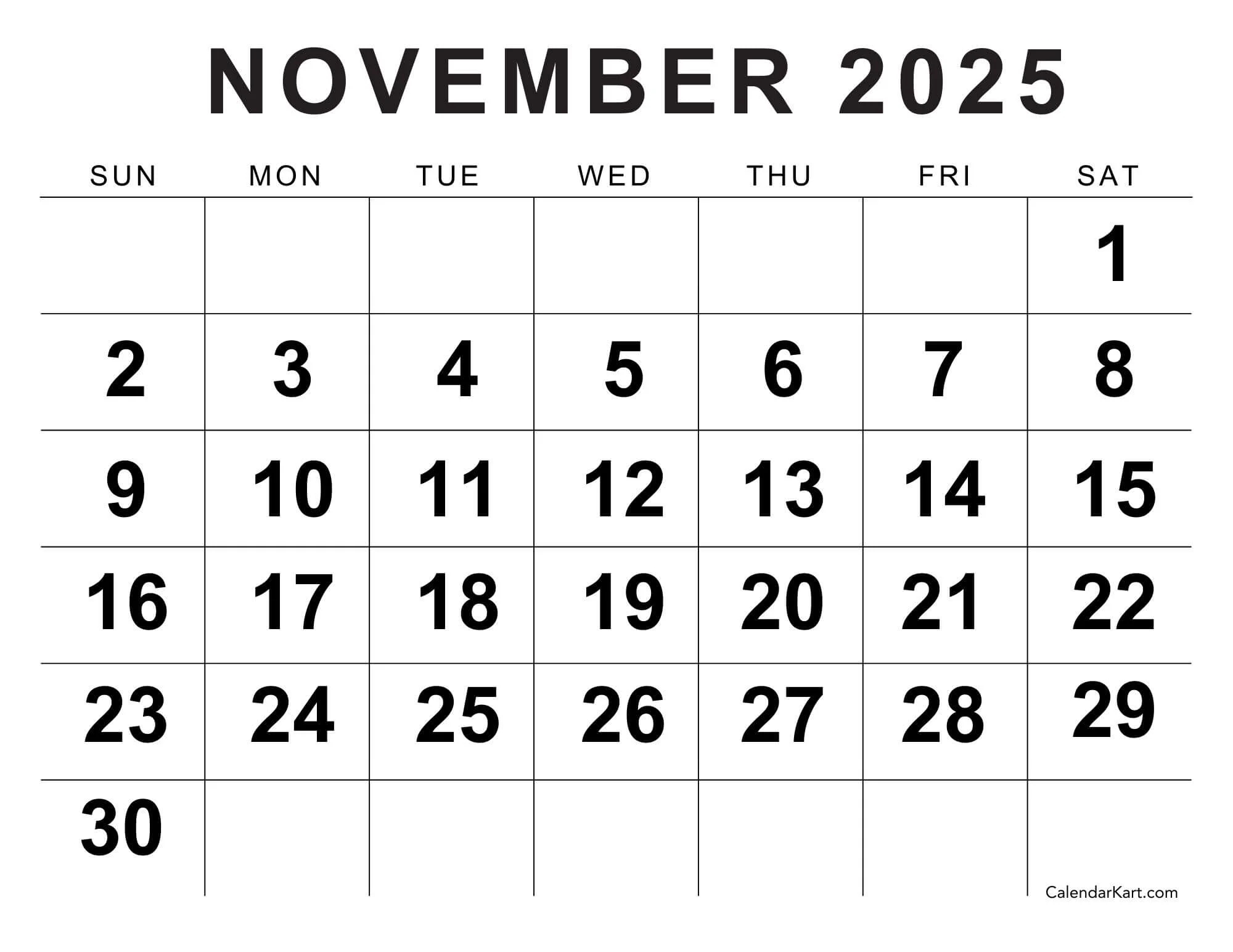 Printable Monthly Calendar November