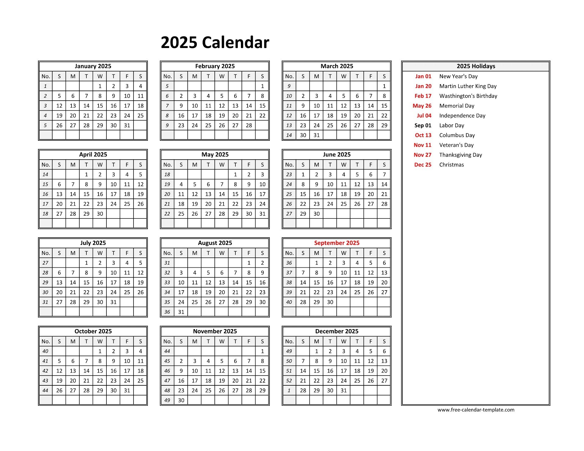 2025 Printable Year Calendar