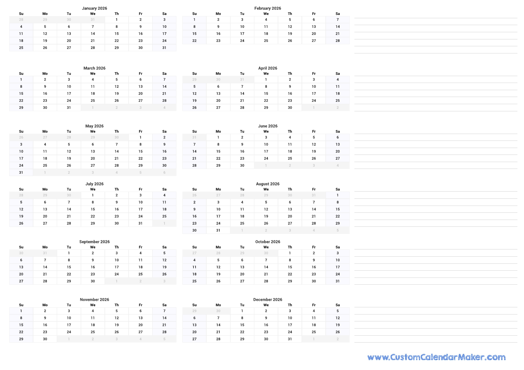 Printable Yearly Calendar 2026 Full Year At A Glance Custom Calendar Maker