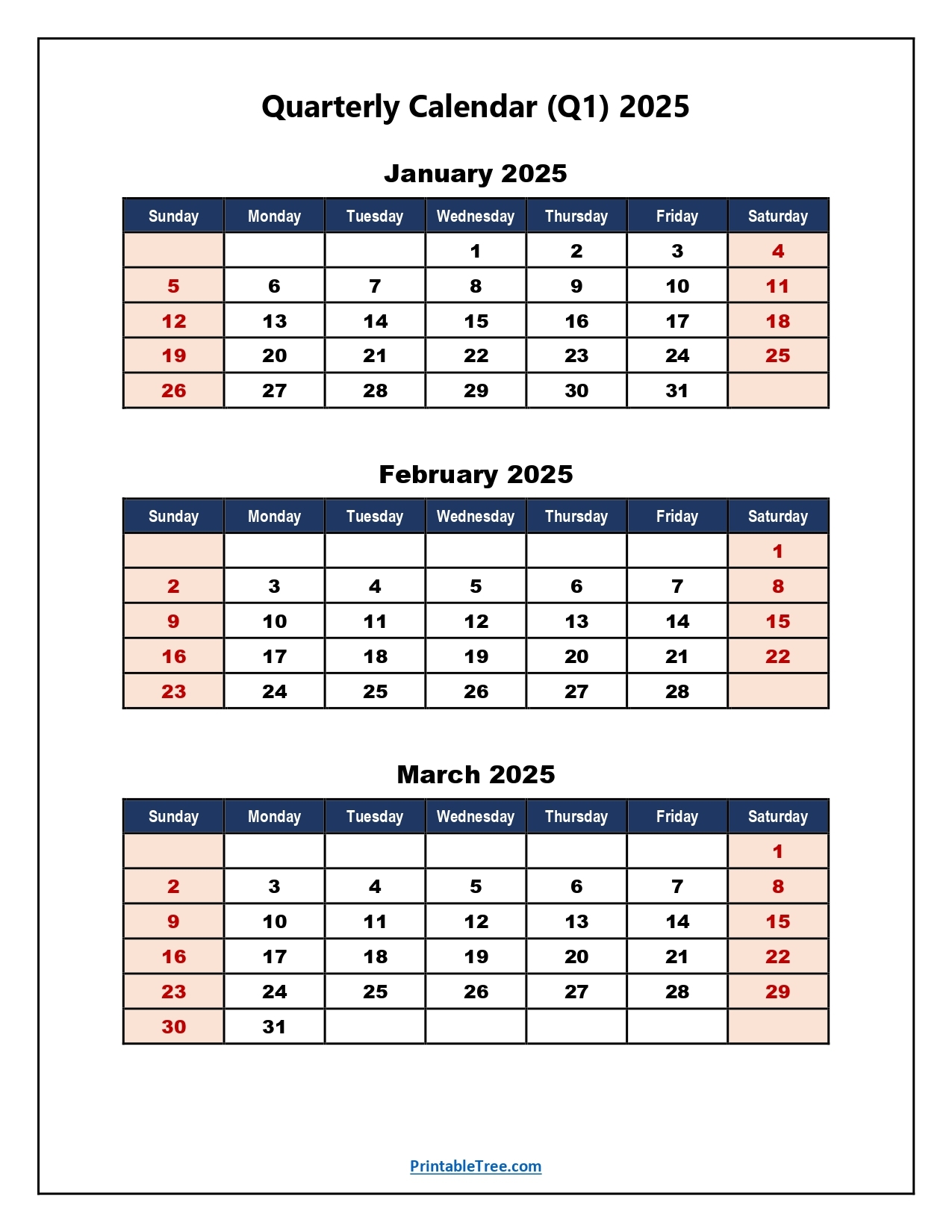 Quarter Calendar 2025 Printable