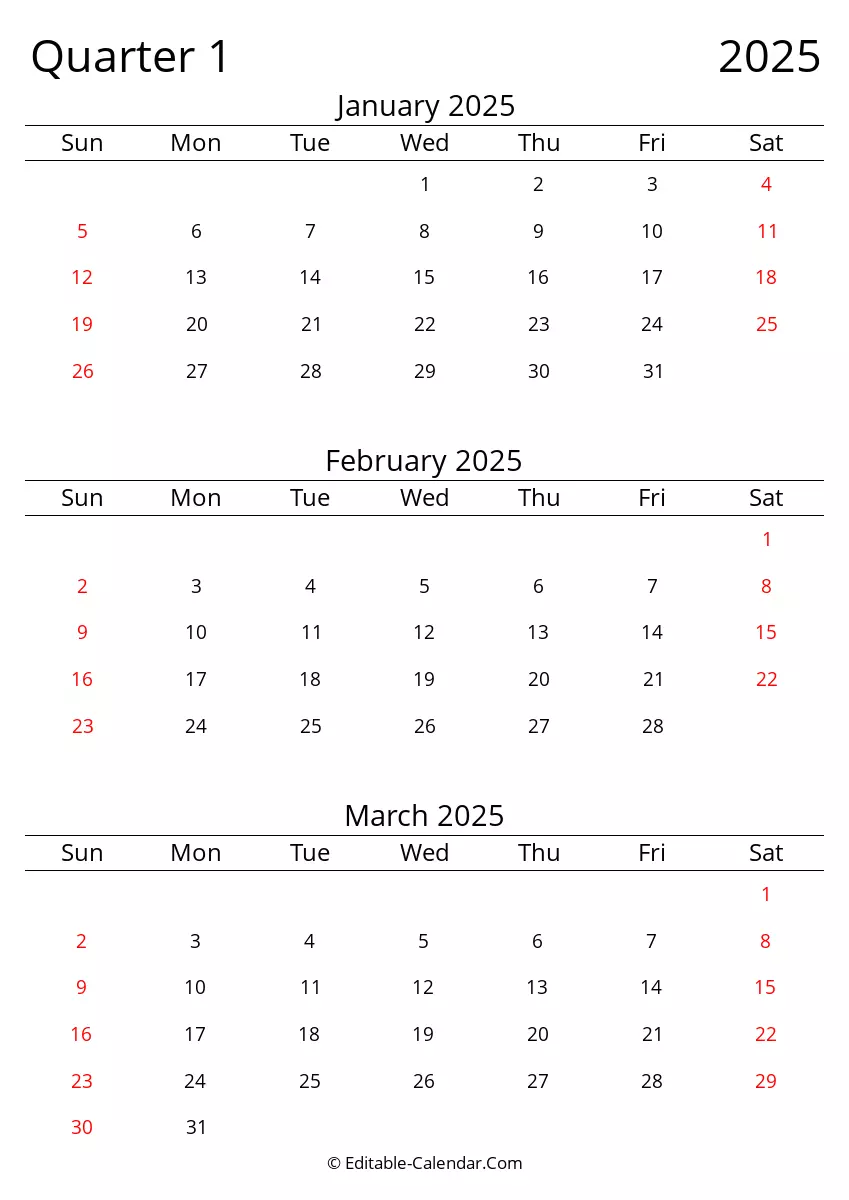 Quarter 1 Of 2025 Editable Calendar In Excel Word PDF