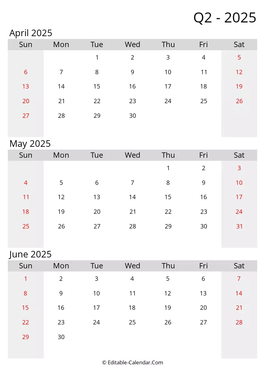 Quarter 2 Of 2025 Editable Calendar In Excel Word PDF