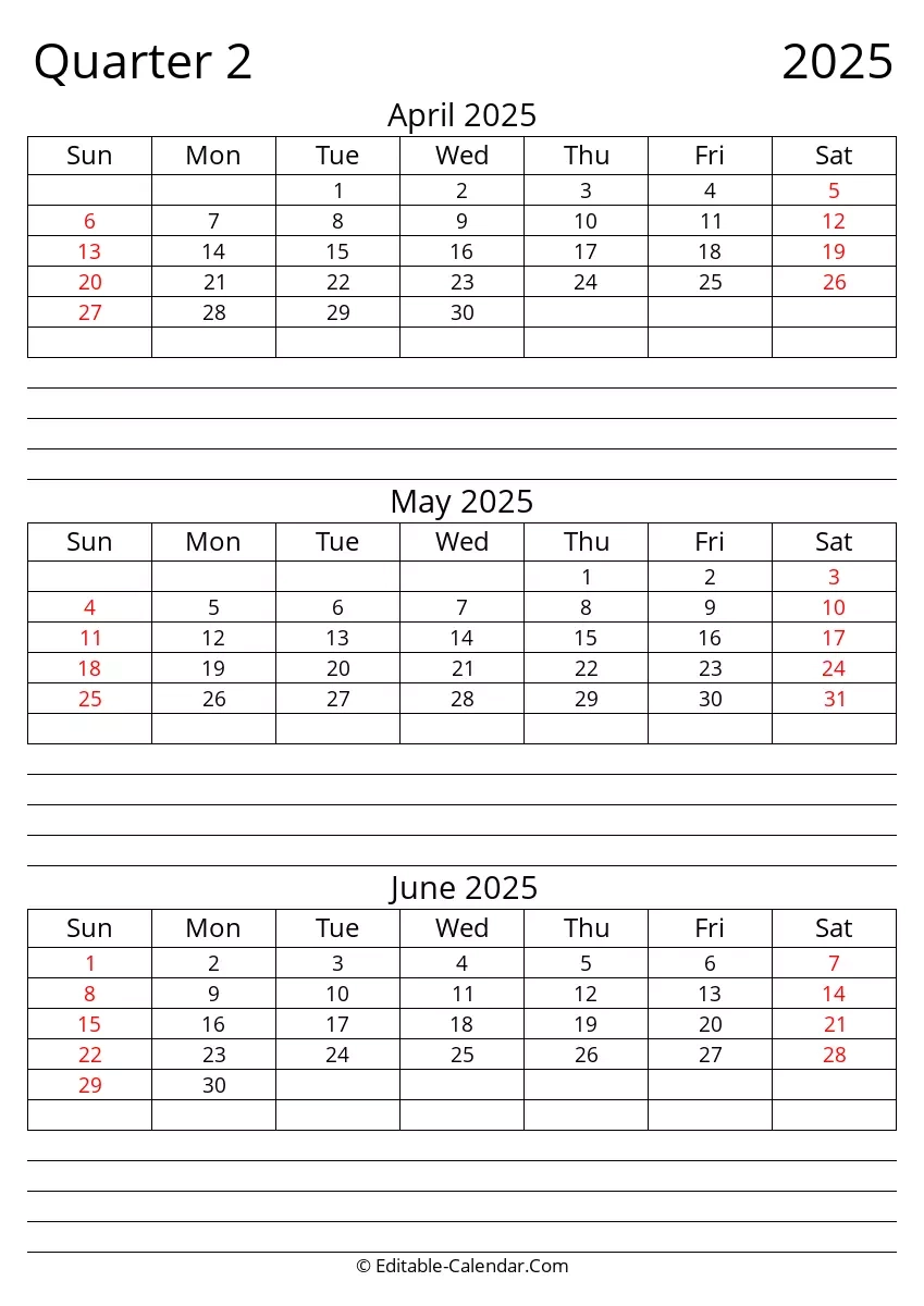 Quarter 2 Of 2025 Editable Calendar In Excel Word PDF