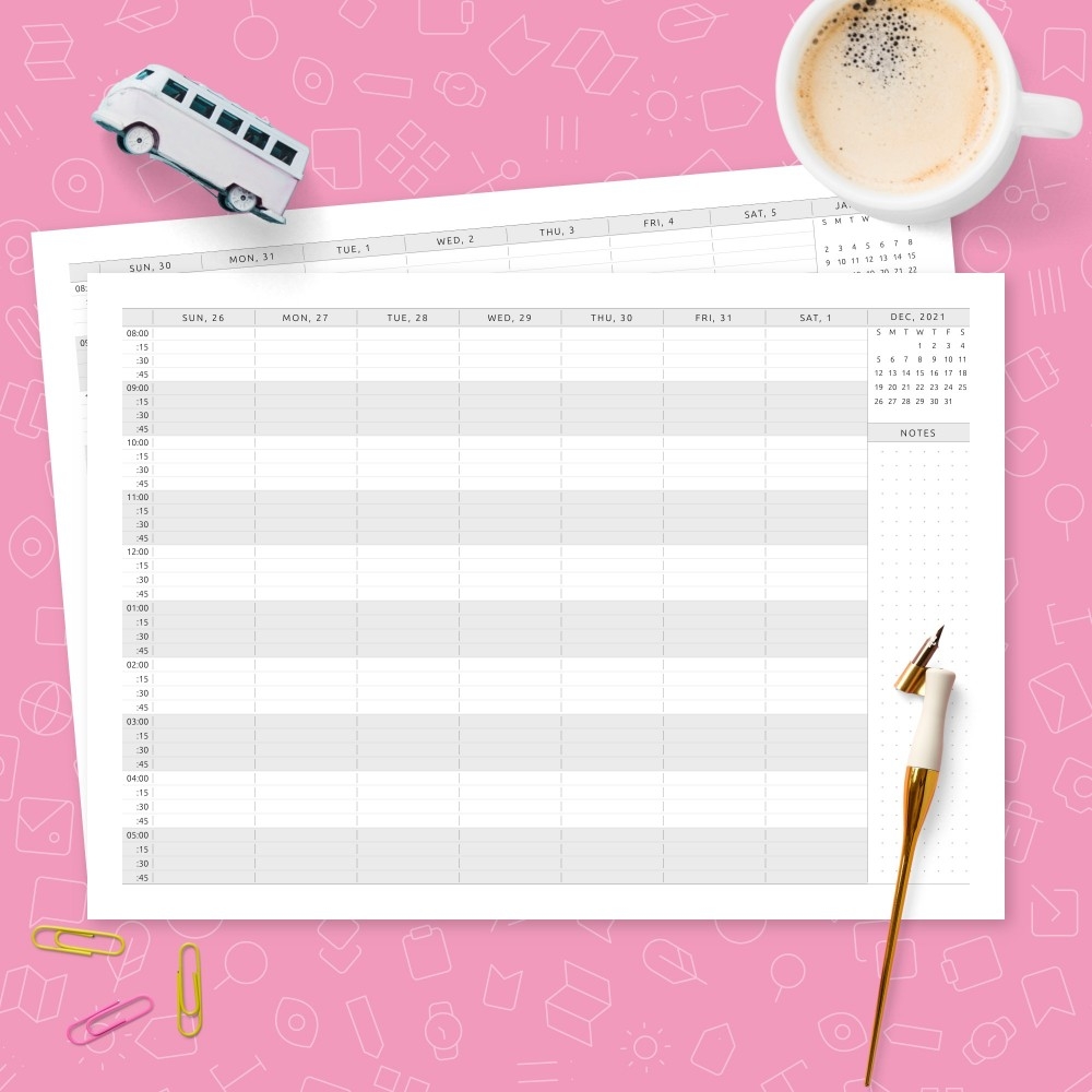 Quarter hour Horizontal Weekly Calendar Template Template Printable PDF