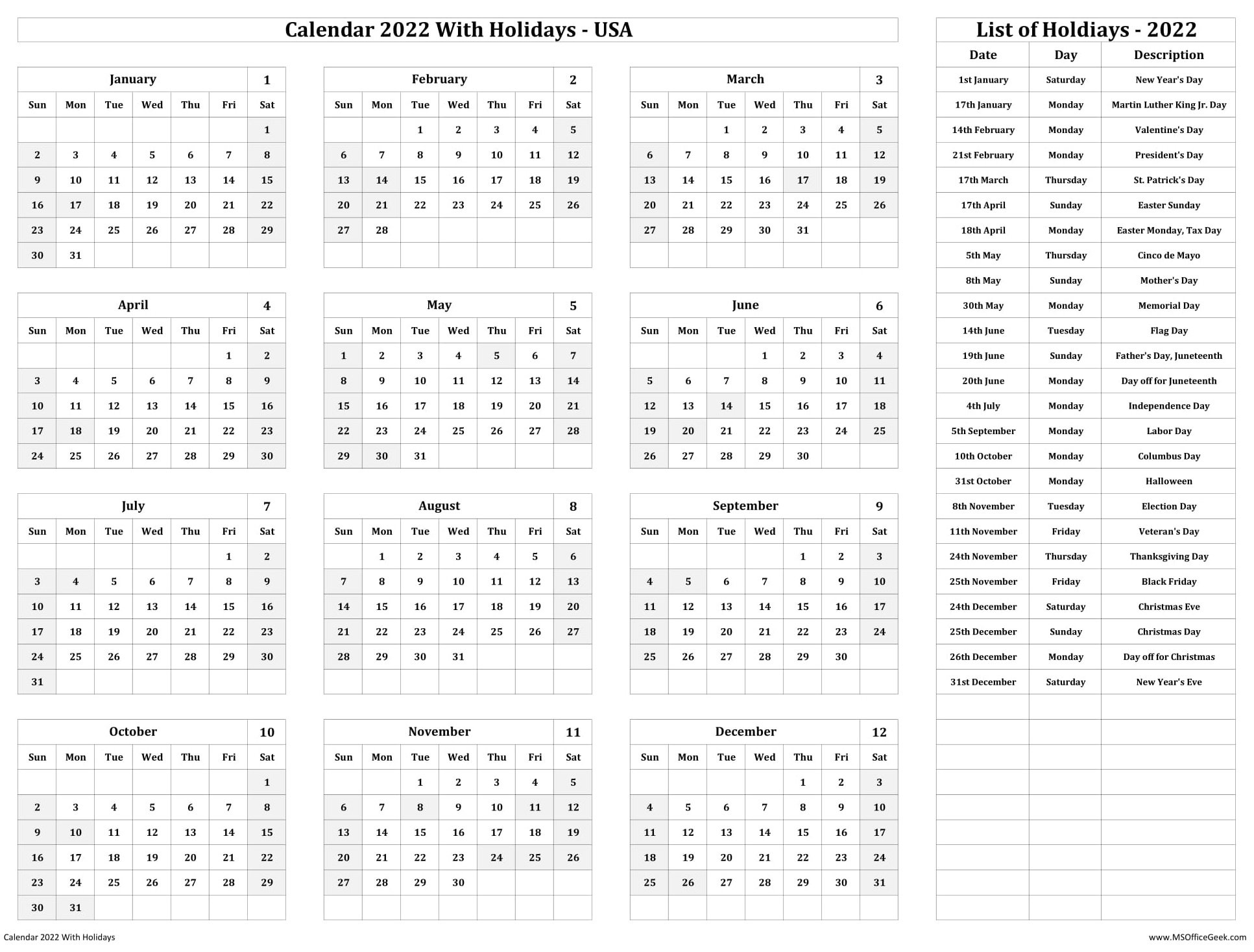 Ready To Use Printable Calendar 2022 With US Holidays MSOfficeGeek