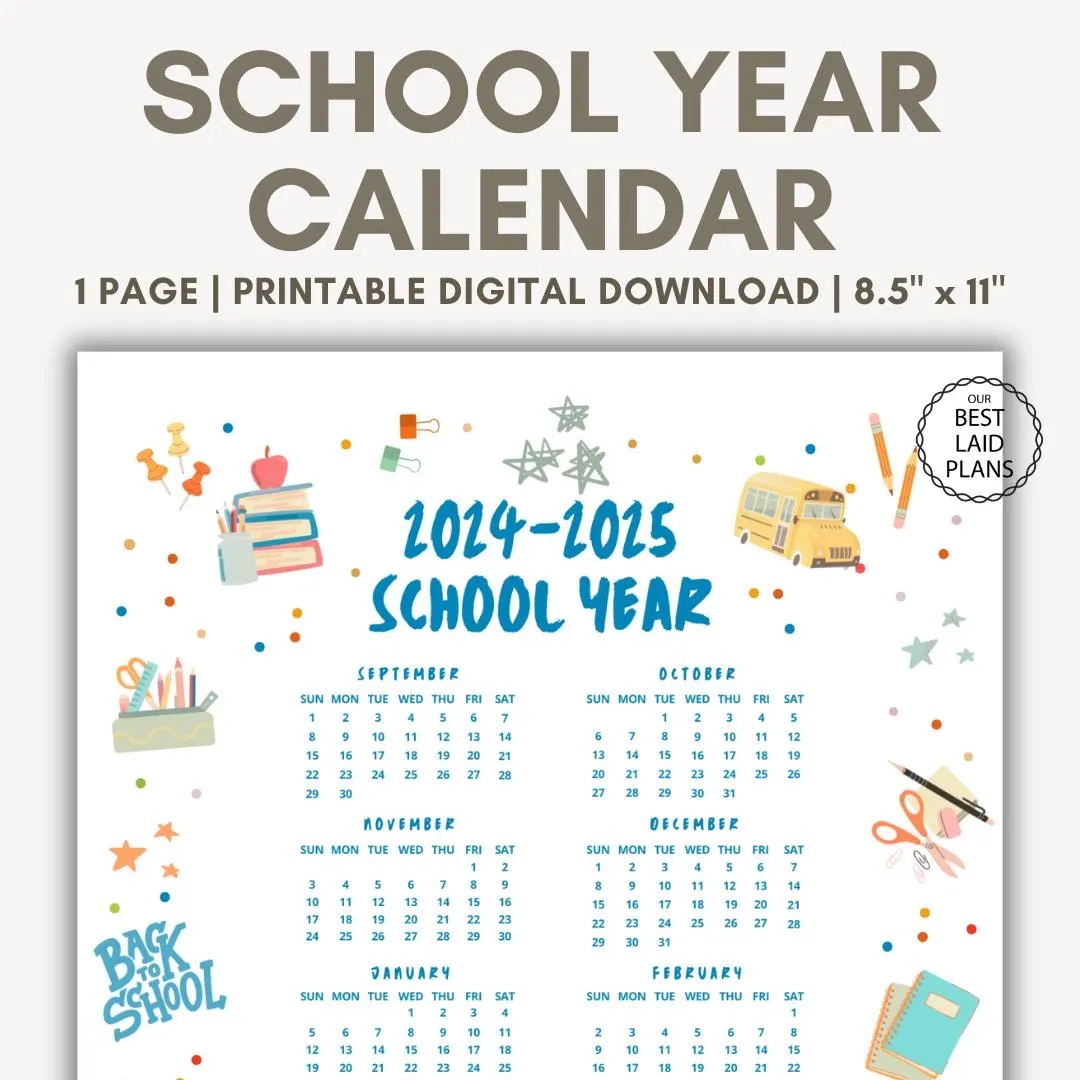 School Calendar 2024 2025 Printable PDF Cute 2024 2025 School Year Calendar Wall School Year Calendar At A Glance Printable Wall Calendar Etsy