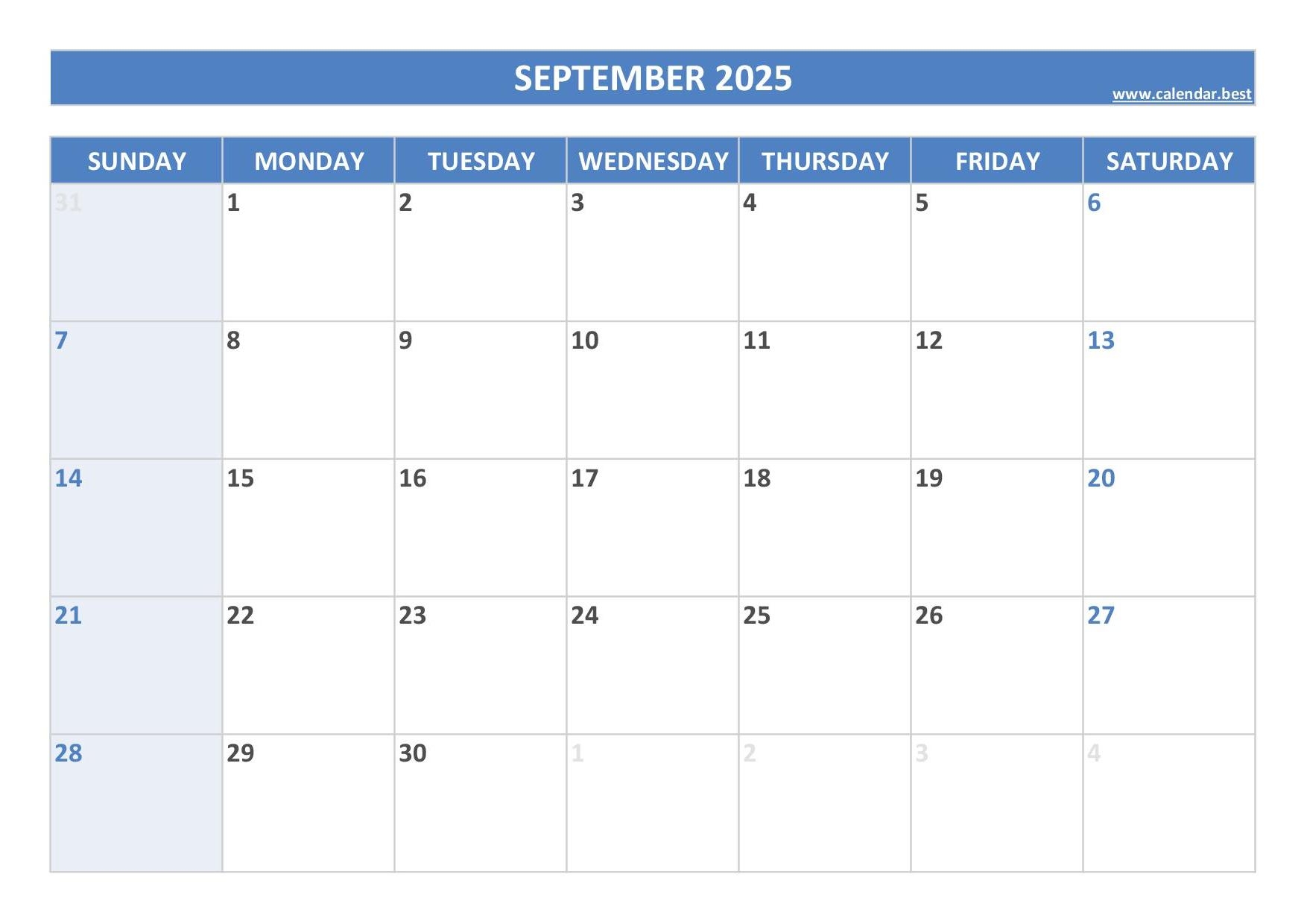 Blank Calendar September 2025 Free Printable