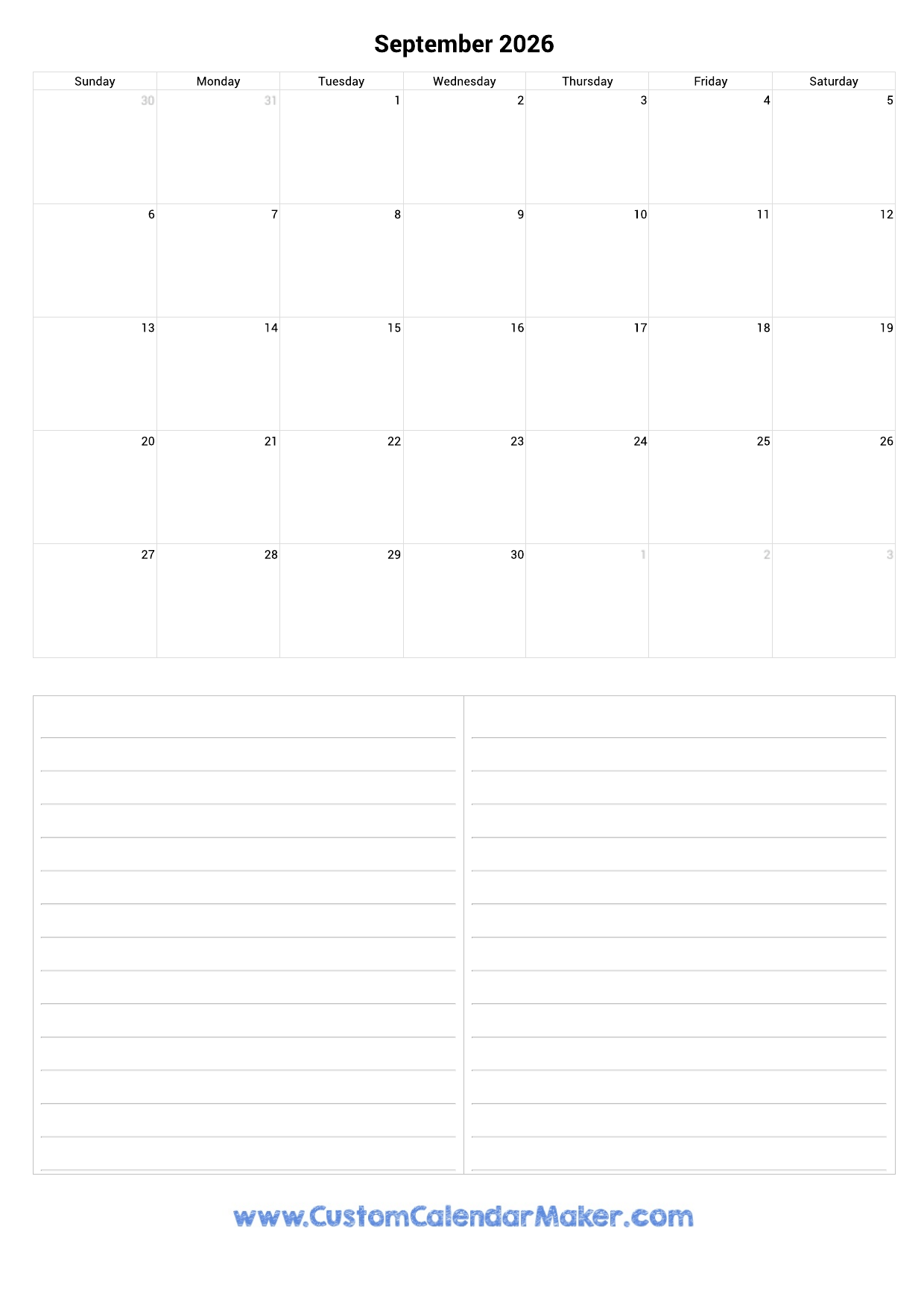 Free Printable Blank Septmeber 2026 Calendar