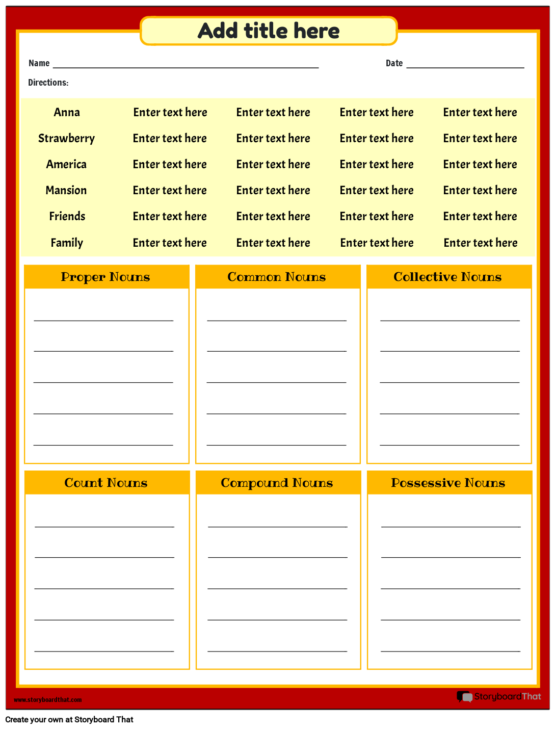 Storyboard That Free Noun Worksheet Templates