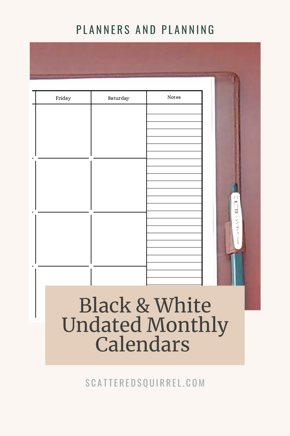 undated black and white calendars featuring two pages per month