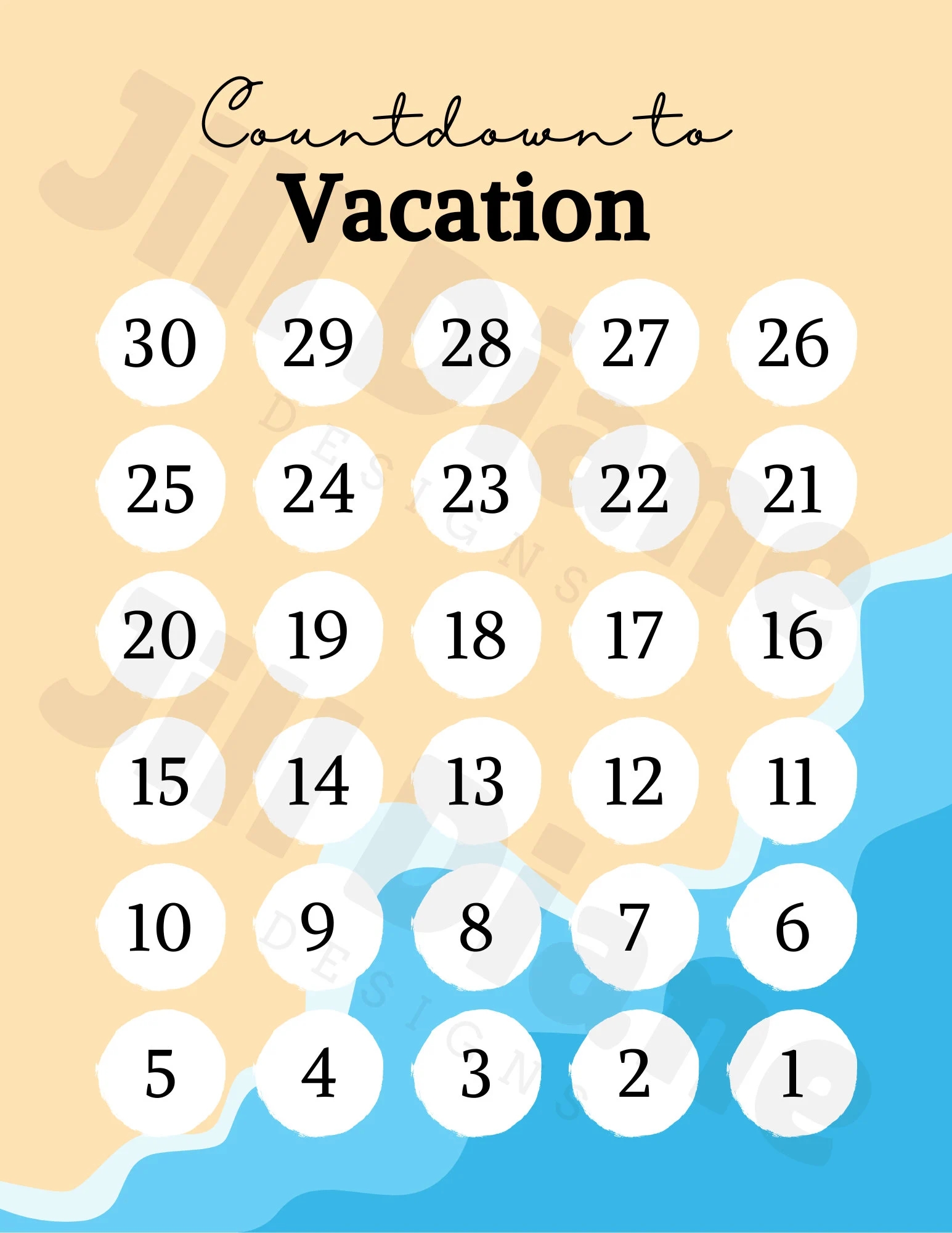 Vacation Countdown Printable Countdown Calendar 30 Days PDF Beach Waves Ocean Girls Trip Family Beach Summer Vacation Etsy