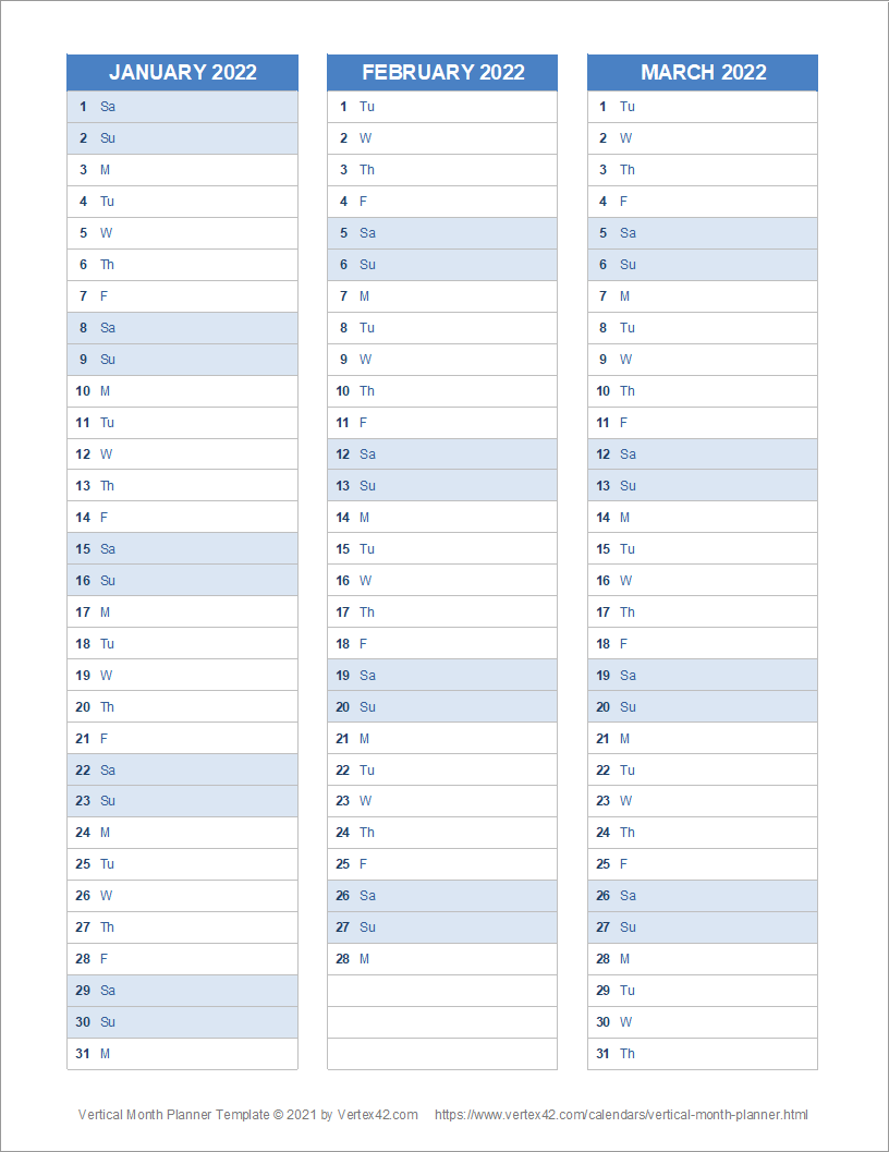 Printable Vertical Calendar