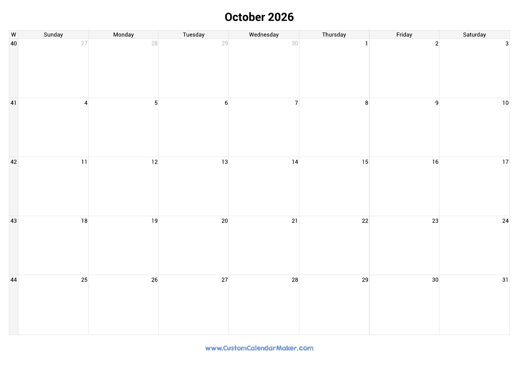 Weekly Calendar October 2026 Custom Calendar Maker