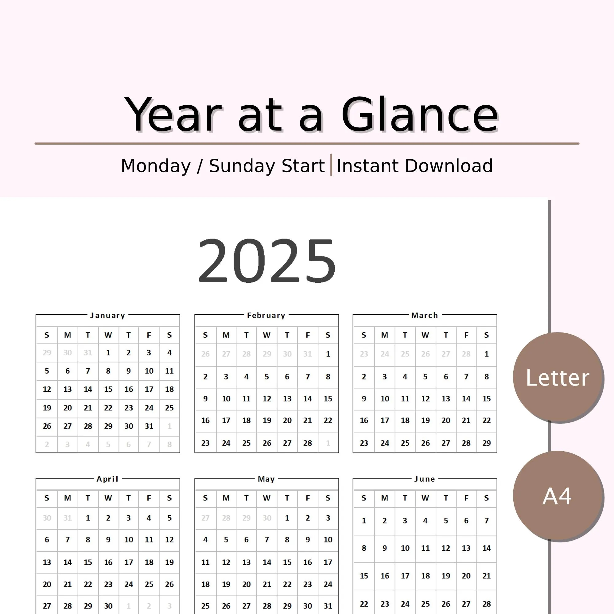 Year At A Glance 2025 Letter Or A4 Monday Or Sunday Start Instant Download 12 Months Yearly Calendar PDF Simple Style Etsy