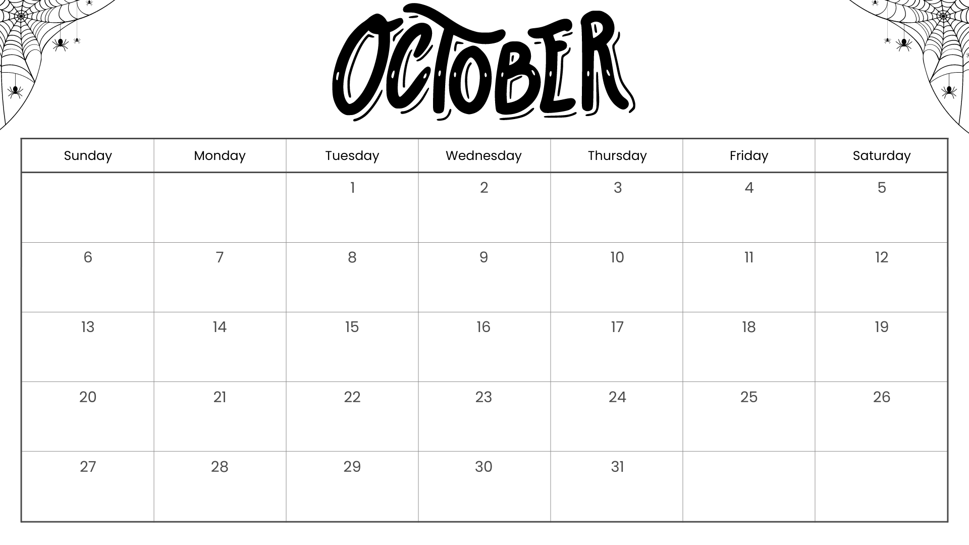October Calendar Blank Printable