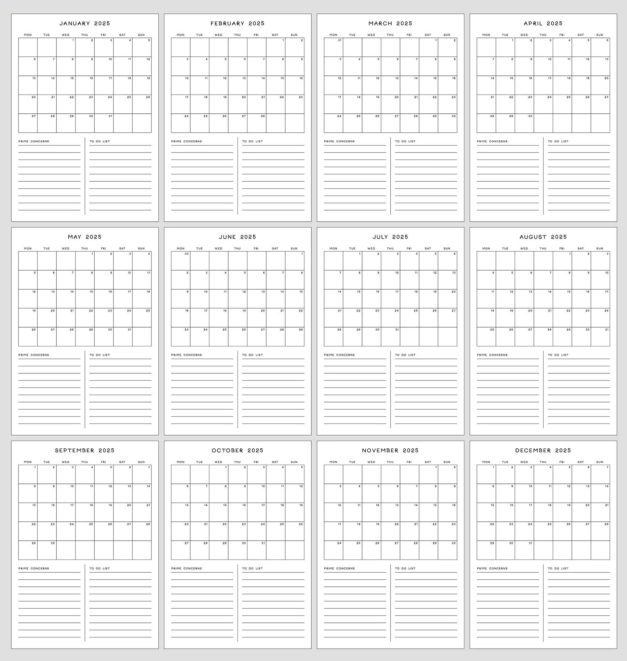 Monthly Calendar 2025 Planner Printable
