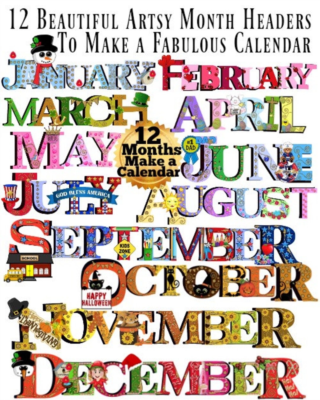 12 MONTHS Calendar Kit 36 Images Make A Printable Calendar Or Scrap Book Clip Art Headers Collage Sheet Prints Digital Download Etsy