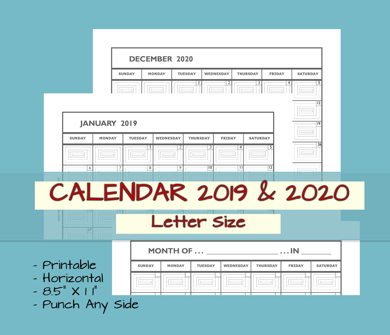 2019 2020 Monthly Calendar Printable Blank Template SEWINGtheABCs