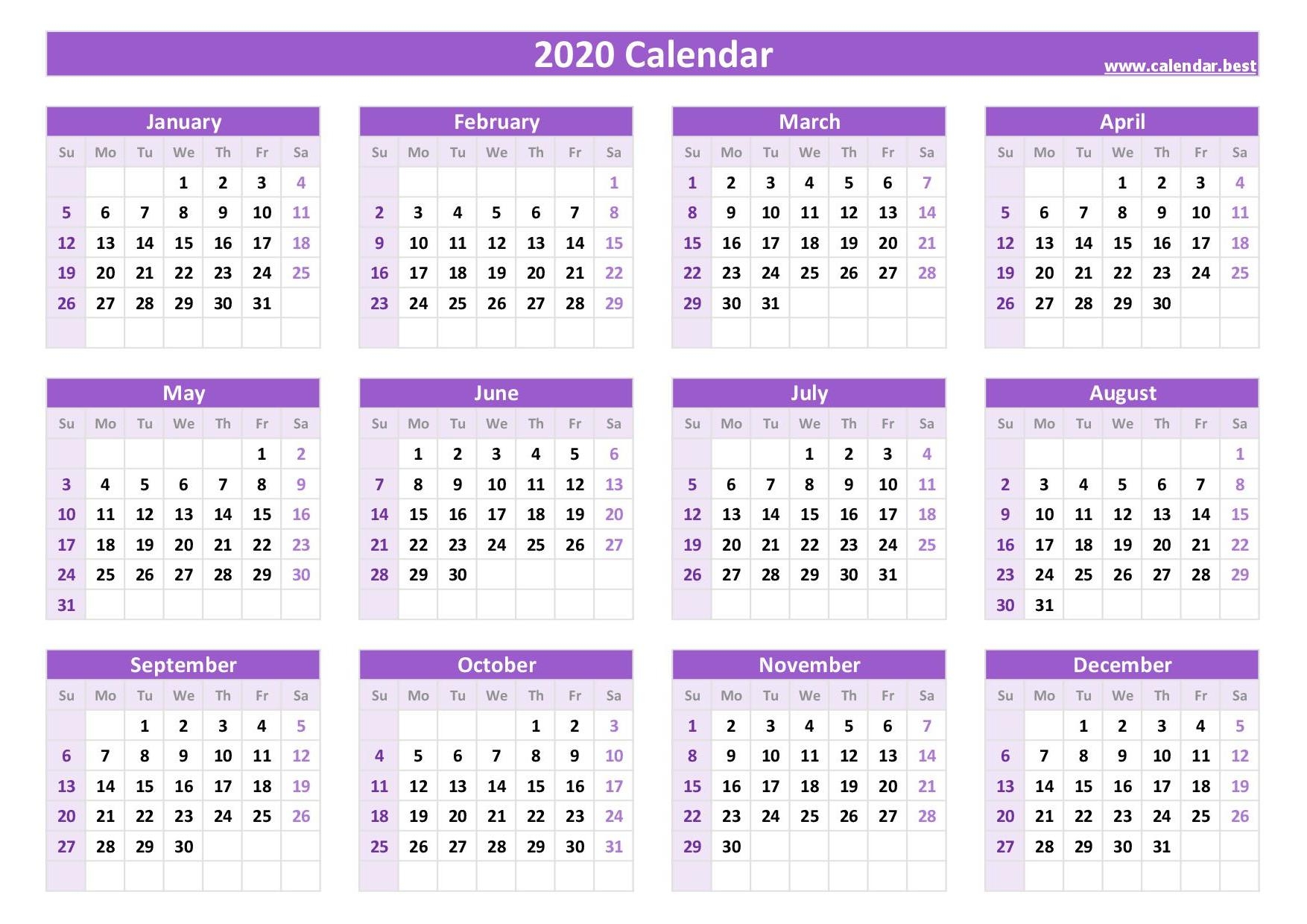 2020 Yearly Calendar Calendar best