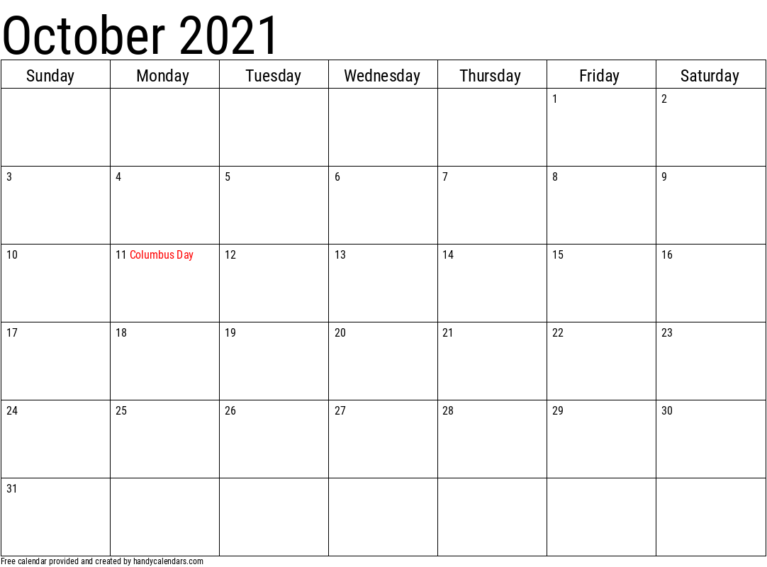 2021 October Calendars Handy Calendars