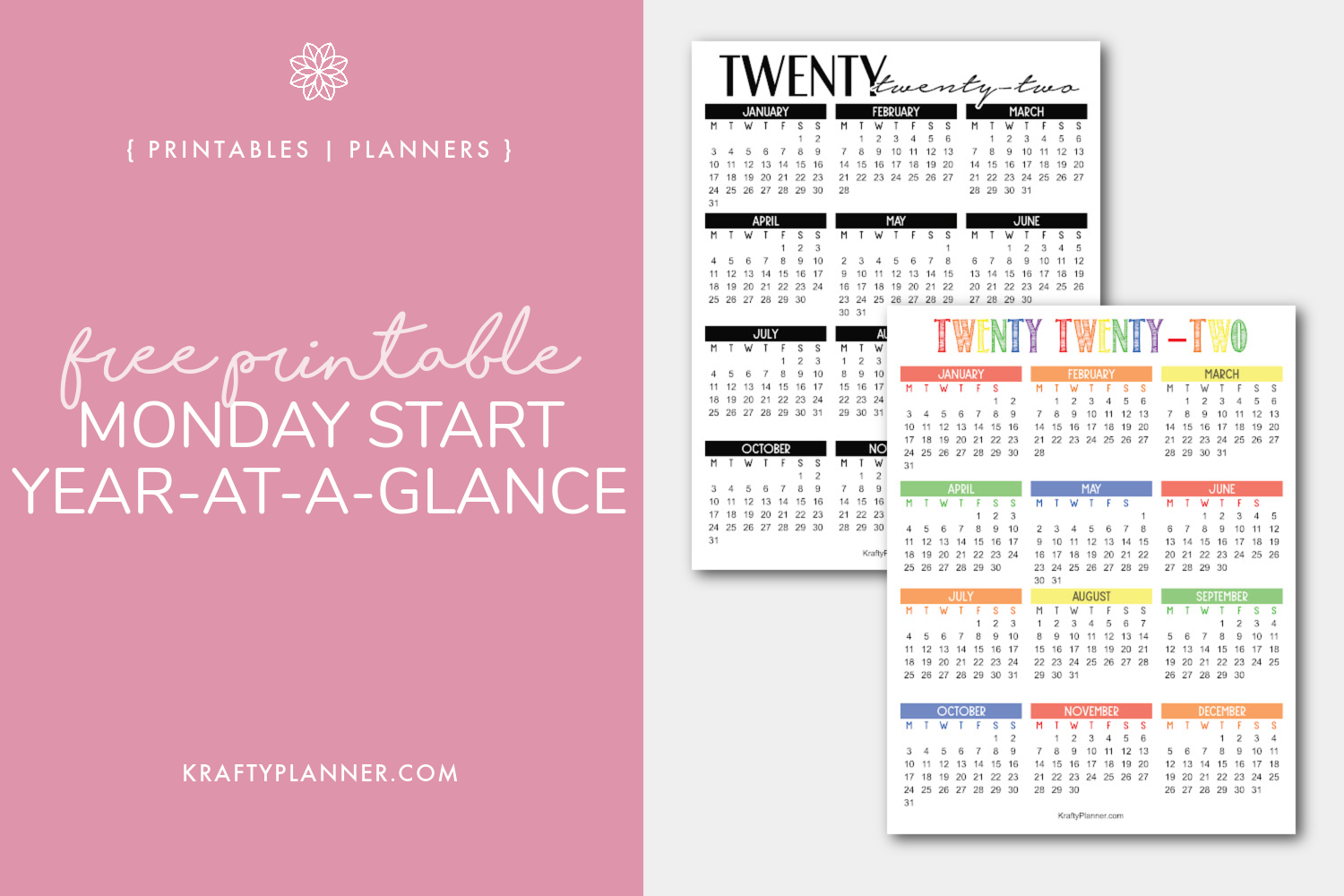 2022 Year At A Glance Free Printable Calendar Monday Start Krafty Planner