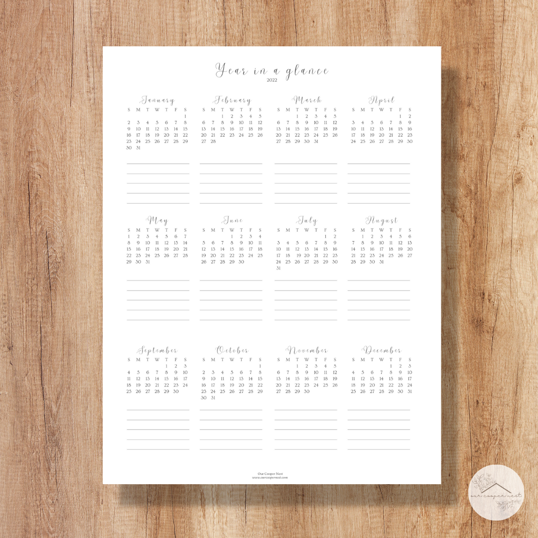 2022 Year In A Glance Calendar Printable Our Cooper Nest