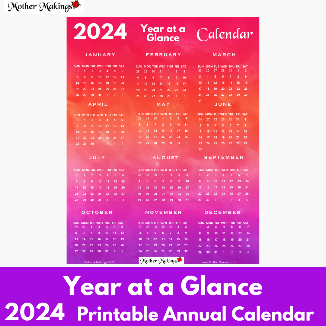 2024 Year At A Glance PRINTABLE Calendar MomCraft Connect