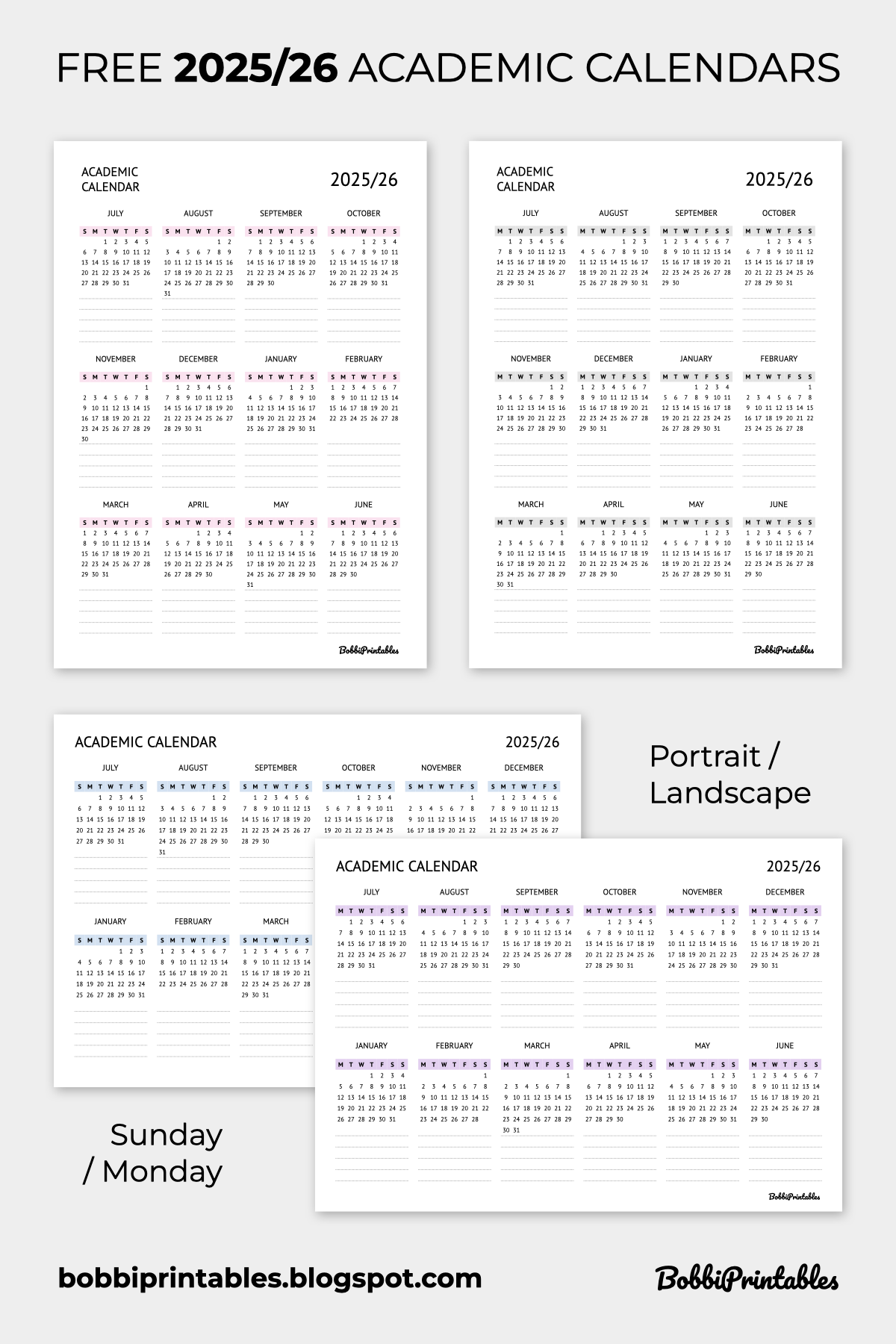 Printable Calendar Academic Year 2025-2026
