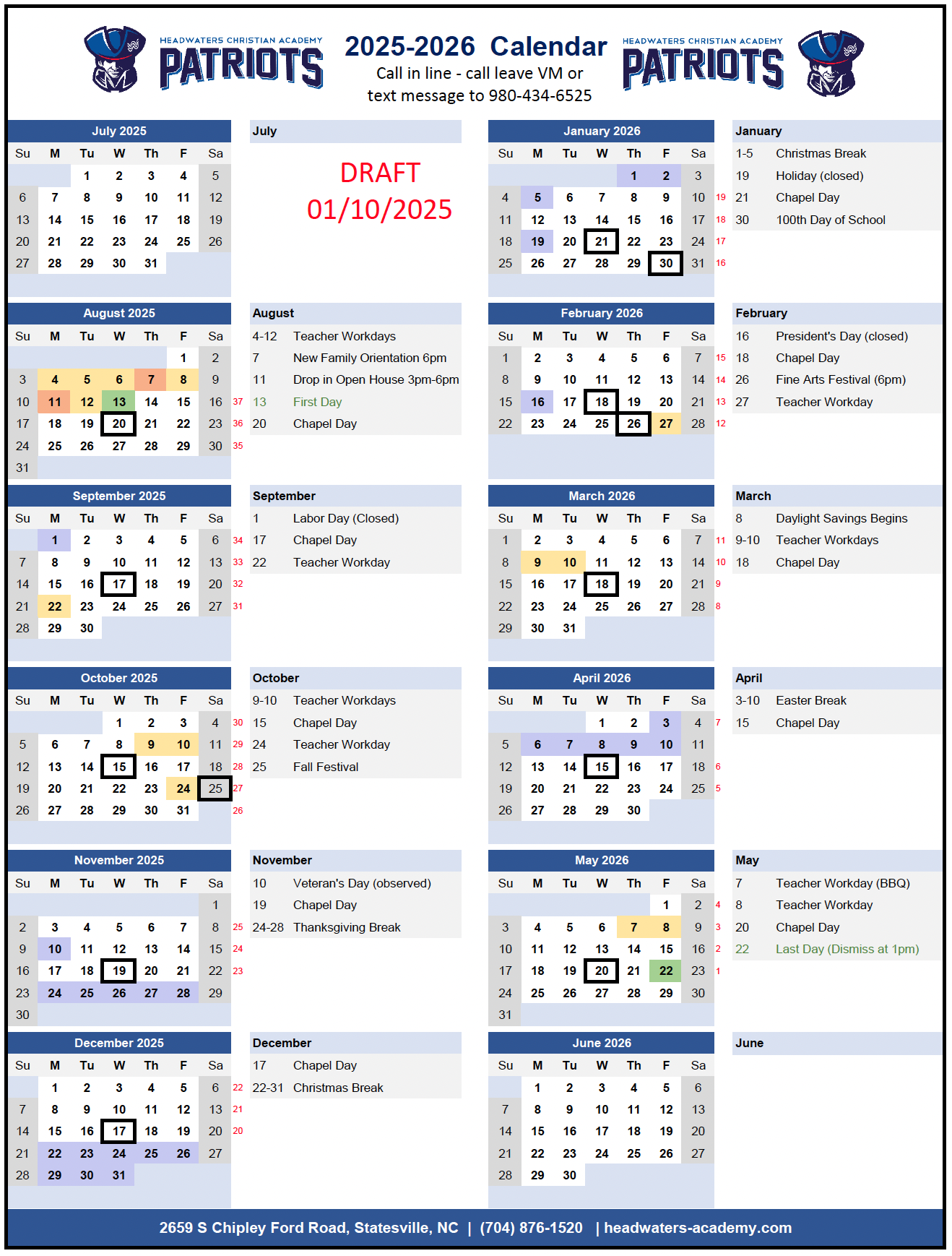 2025 2026 Calendar Headwaters Academy