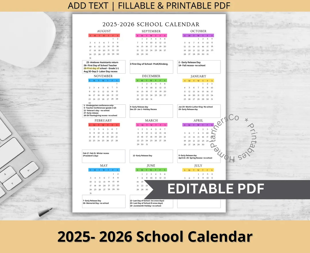2025 2026 editable school calendar template for school classroom teacher office preschool daycare childcare one year at a glance etsy