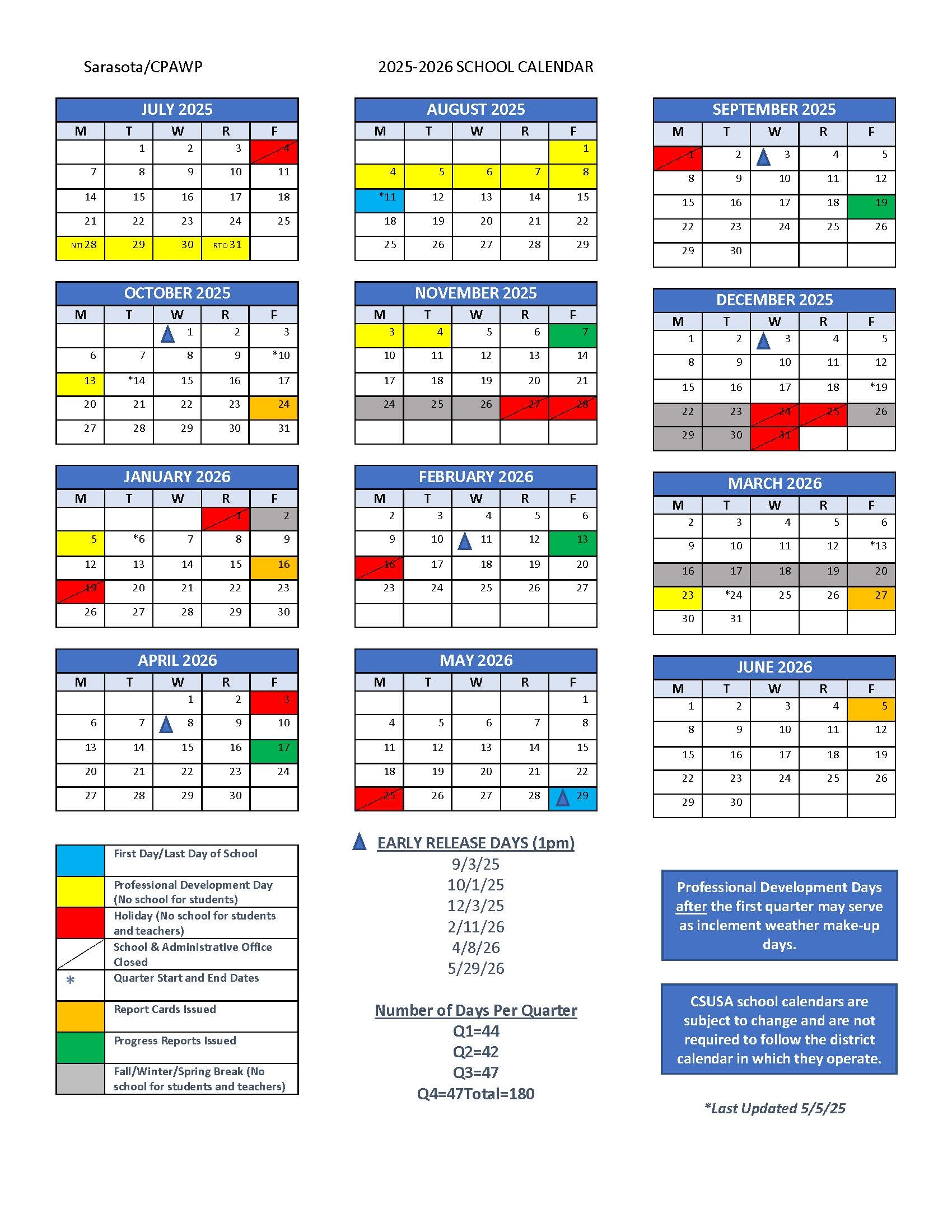 Printable 2025-26 School Calendar