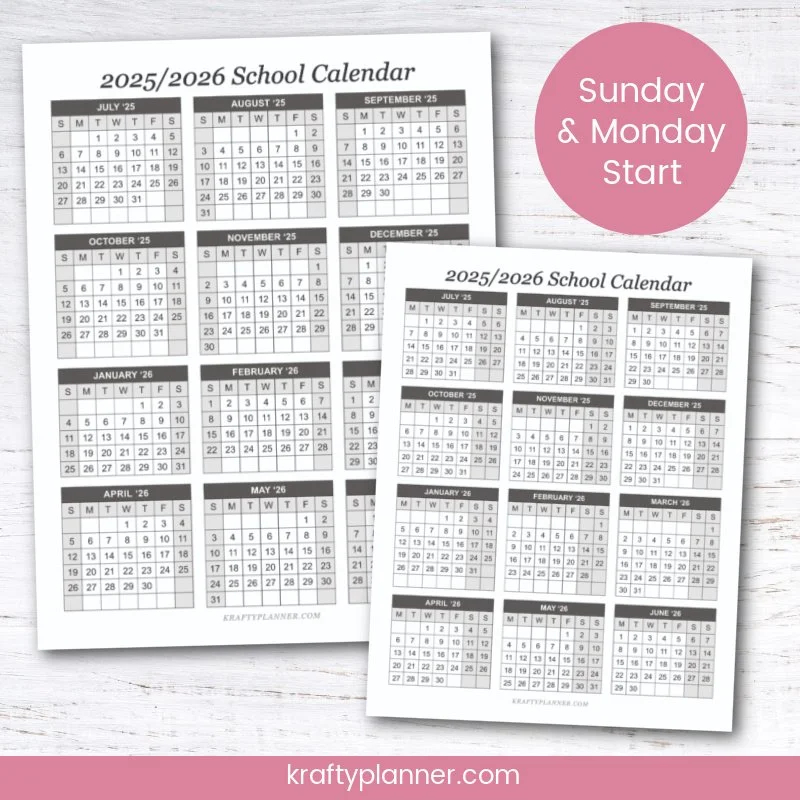 2025 2026 School Calendar Printables Krafty Planner