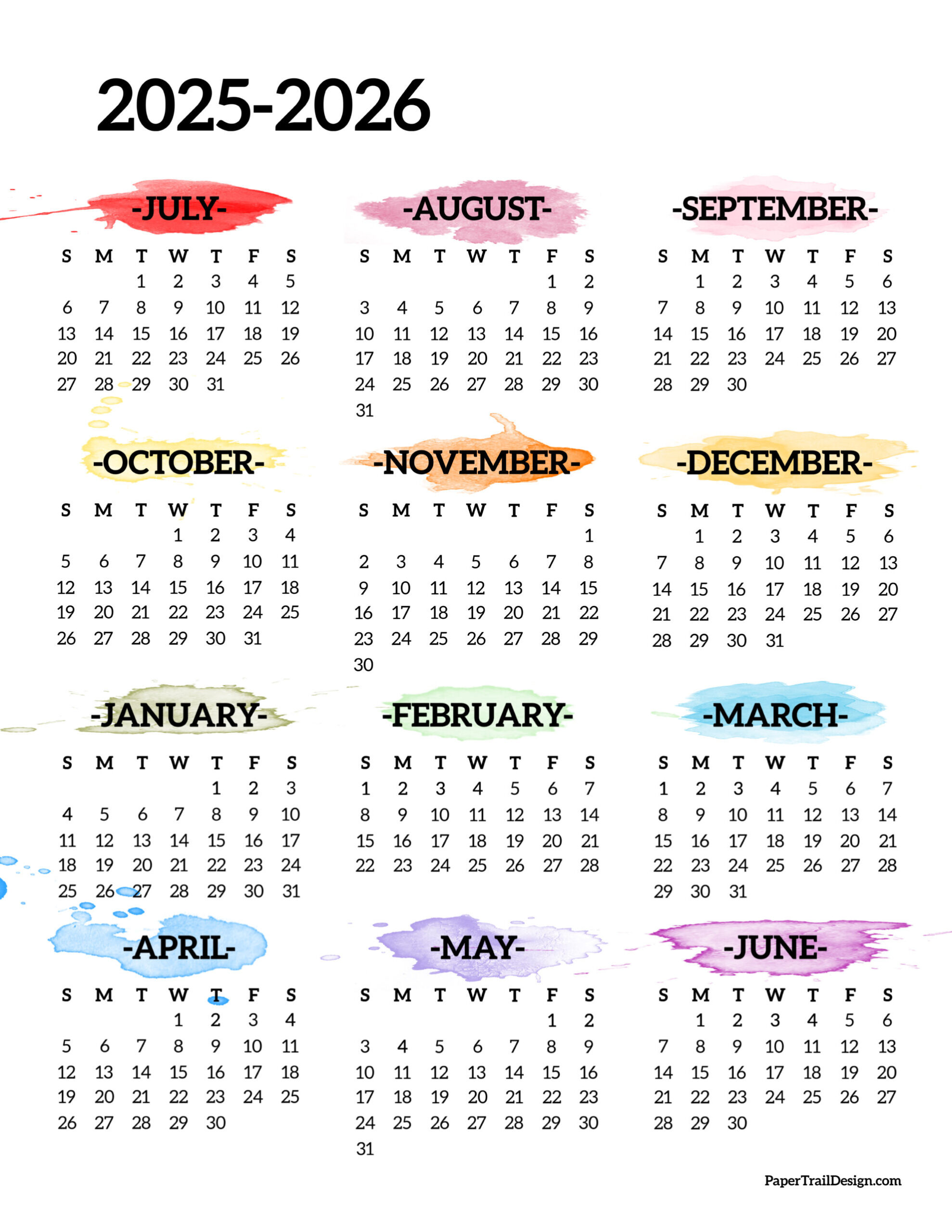 2025 2026 school year calendar free printable paper trail design