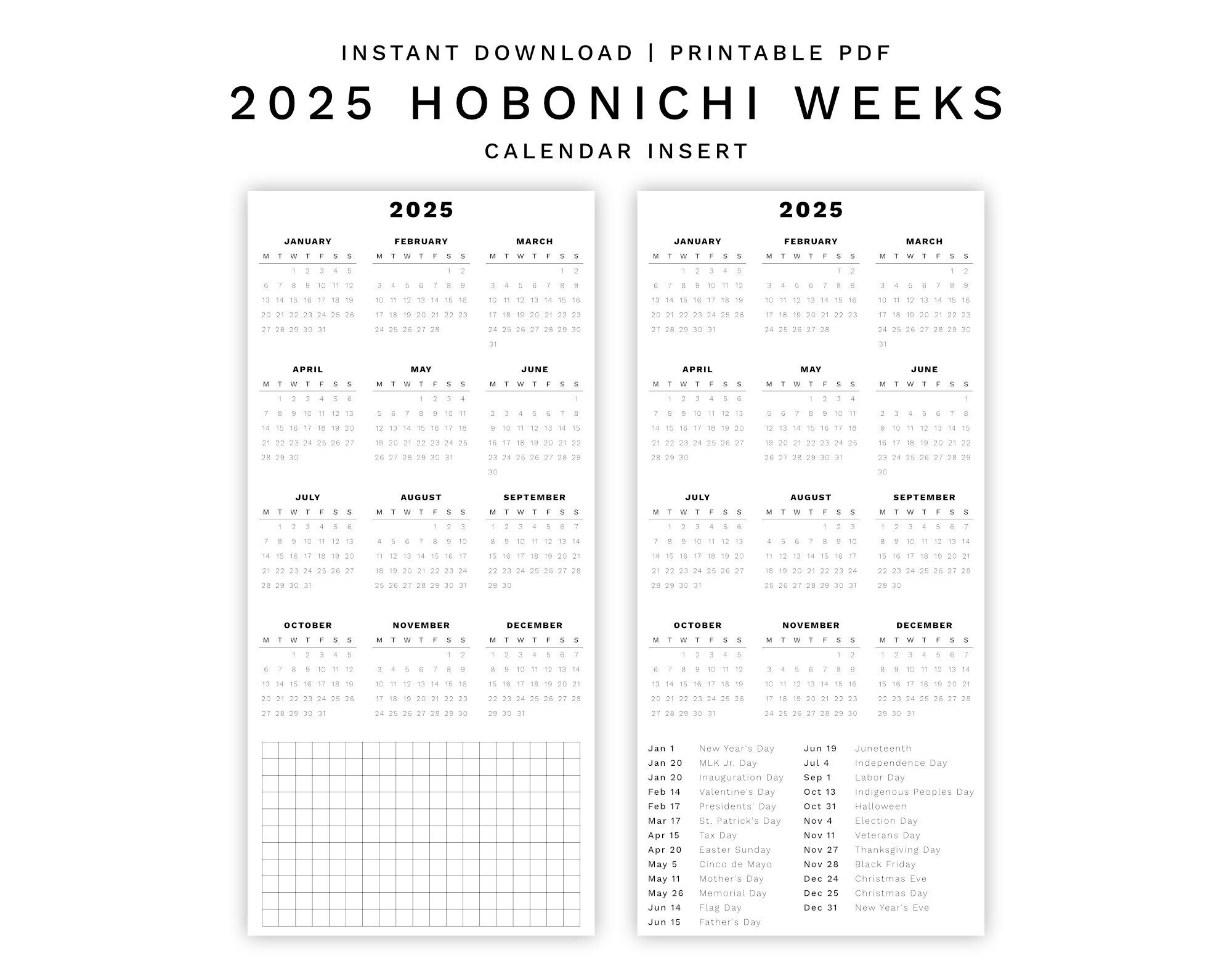2025 Calendar Insert For Hobonichi Weeks Monday And Sunday Start Etsy
