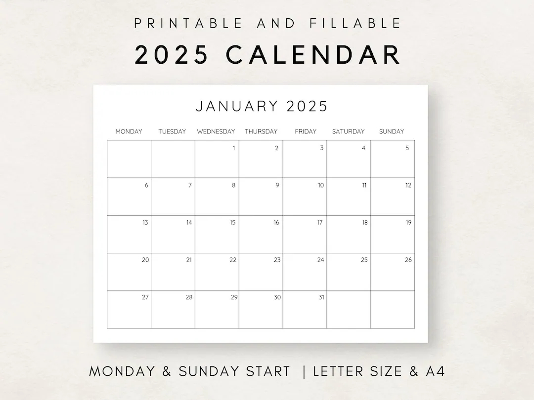 2025 calendar printable monthly calendar 2025 fillable calendar 2025 planner printable minimalist calendar simple clean calendar etsy