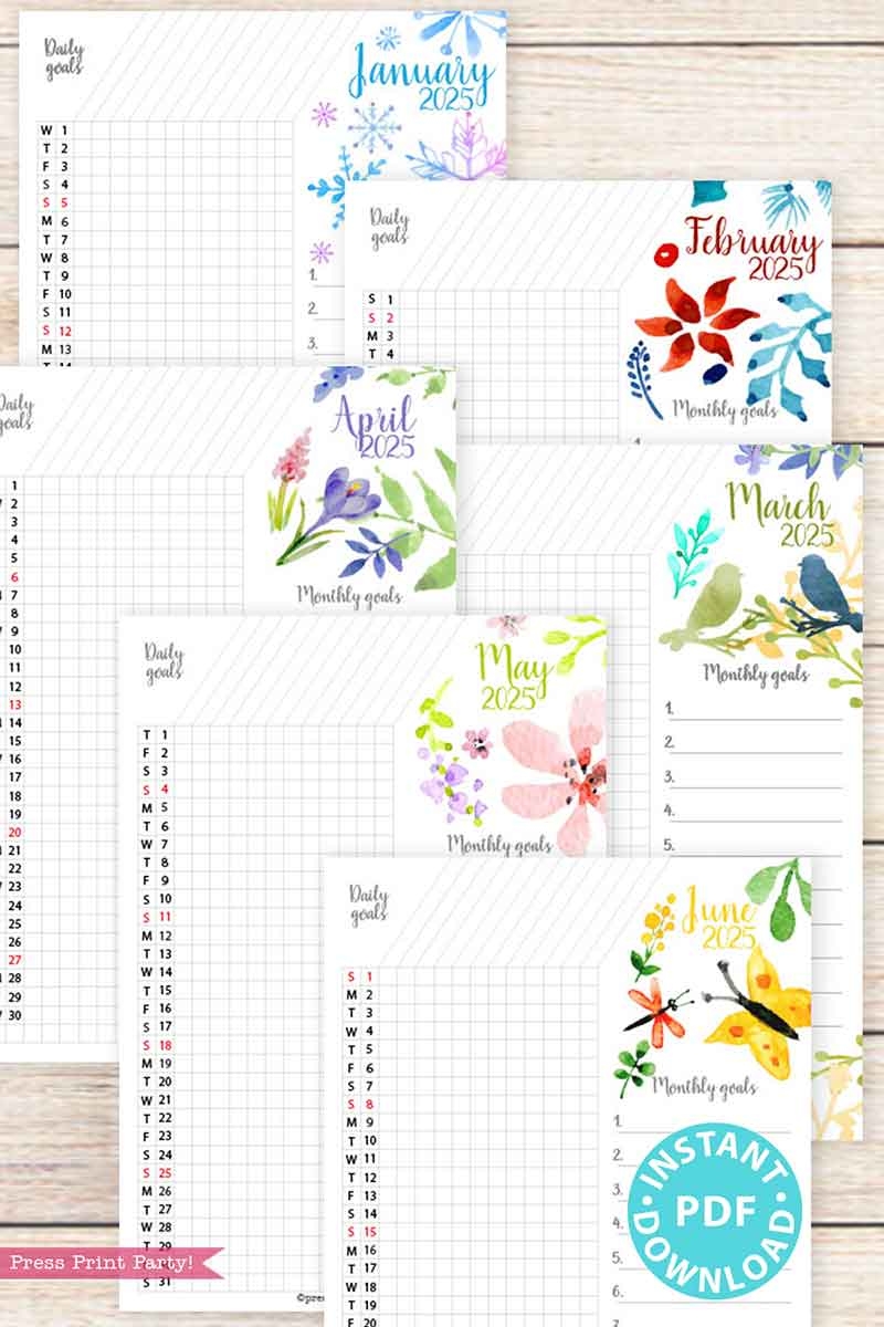 2025 Calendar Printable Set For Bullet Journals Or Binders Watercolor for Bullet Journals Or Binders 