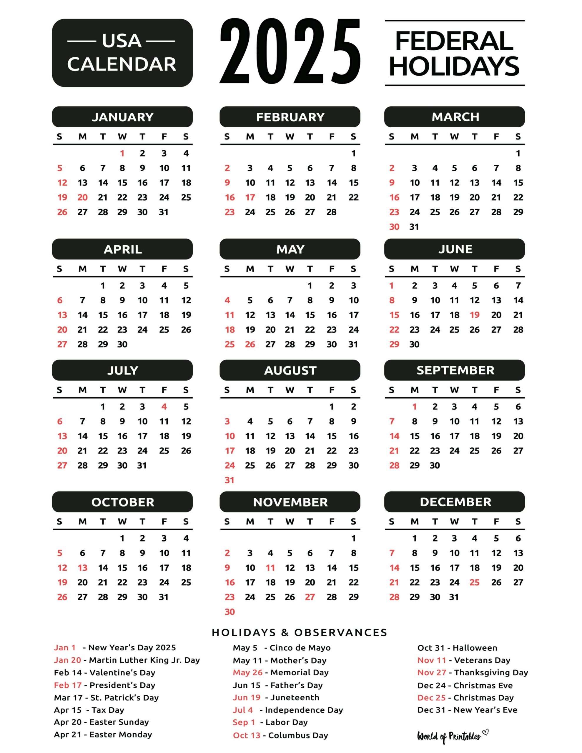 Printable Calendar With Us Holidays 2025