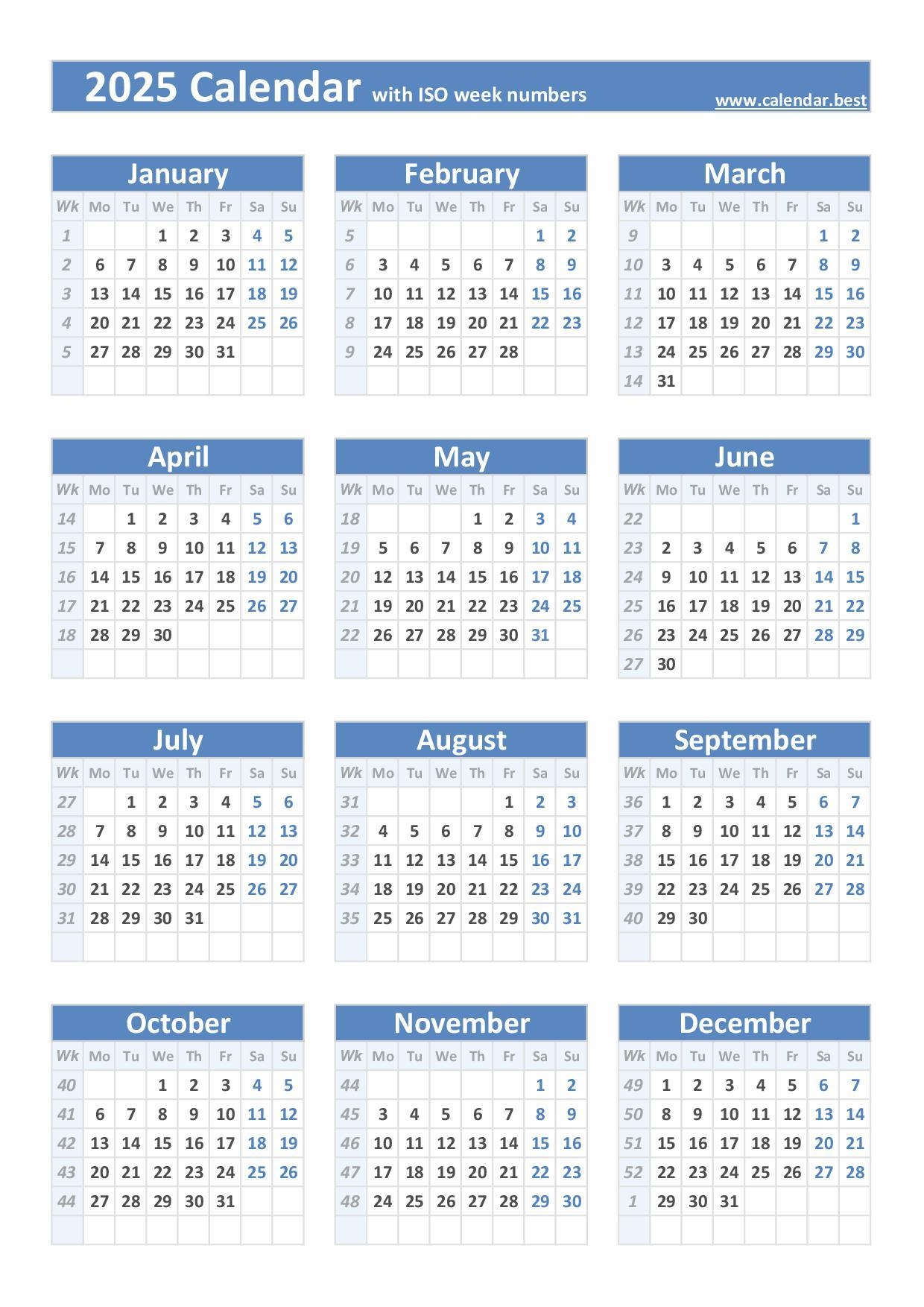 2025 Calendar With Week Numbers US And ISO Week Numbers 