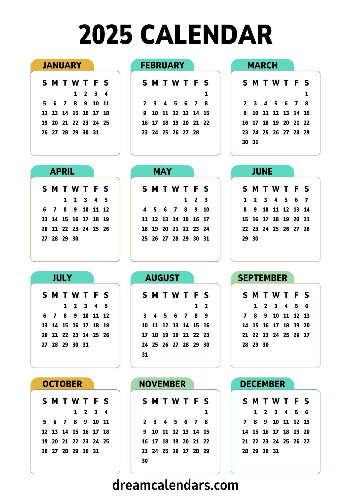 Yearly Calendar 2025 Printable Pdf