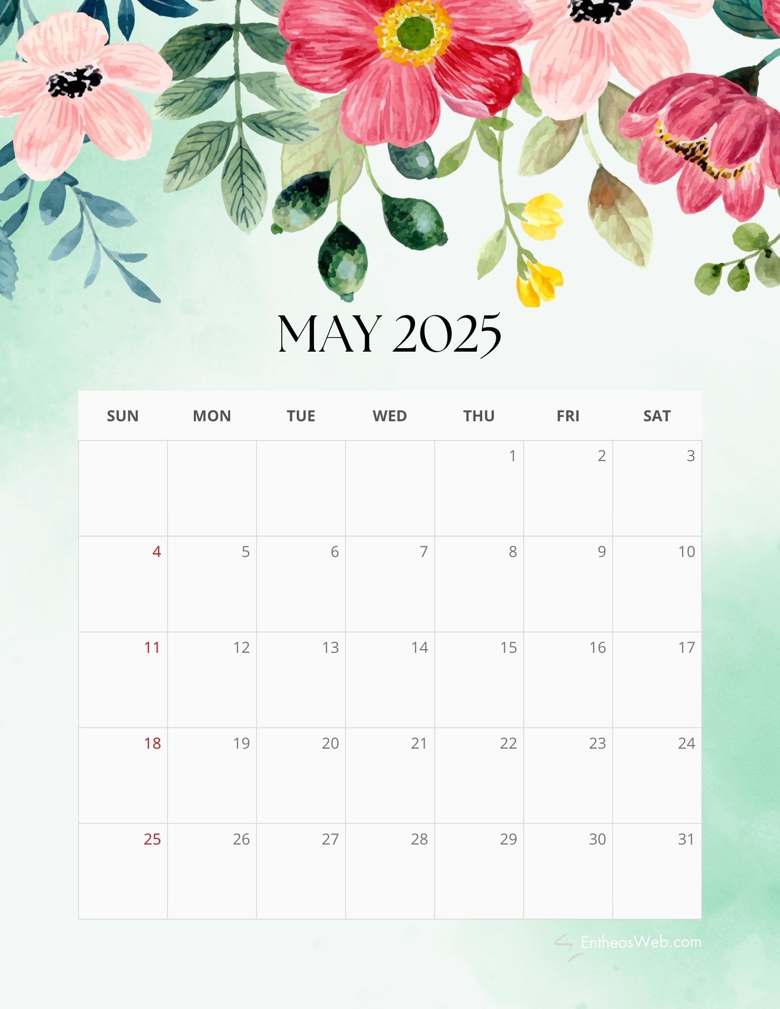 2025 Calendar Printable Free Floral