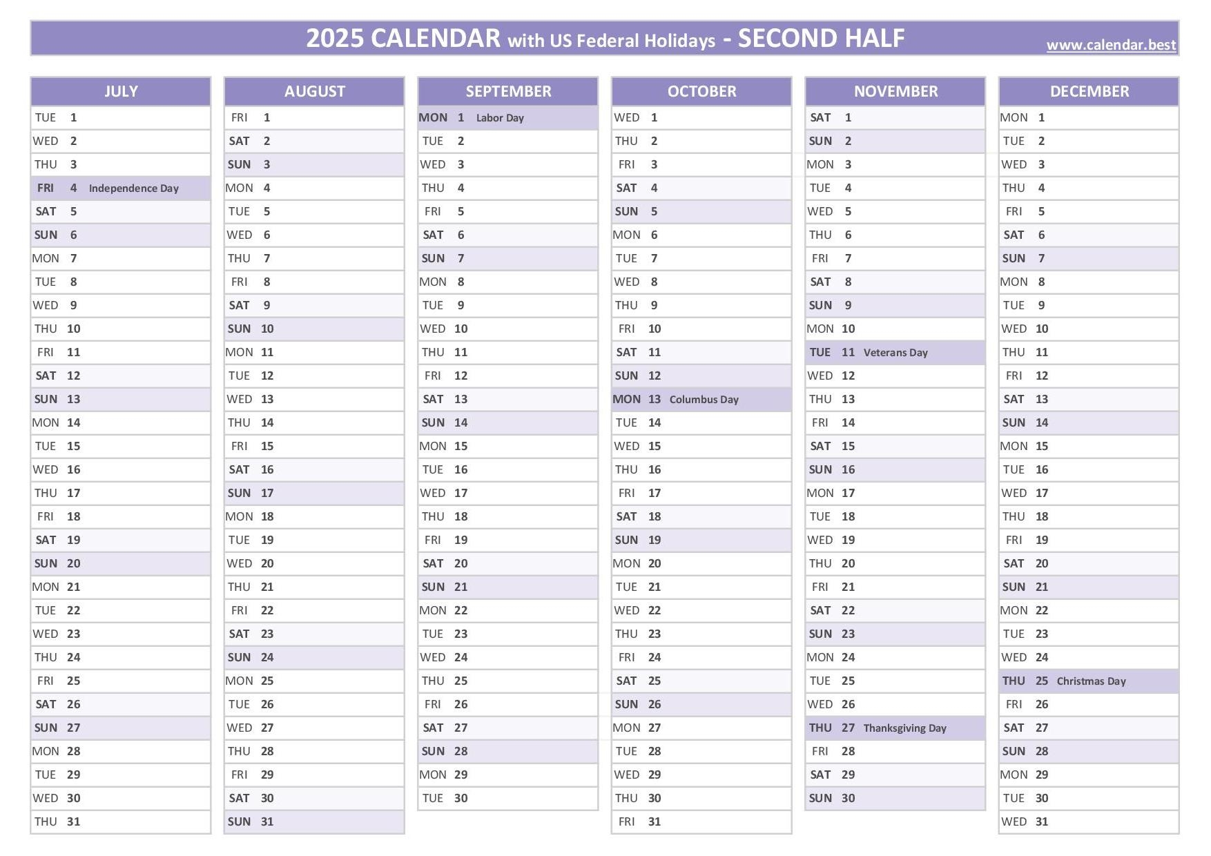 2025 half year calendar to print