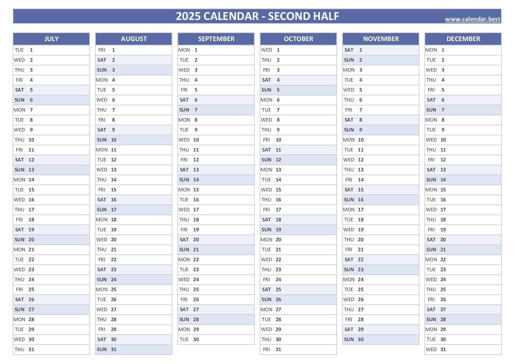 2025 half year calendar to print