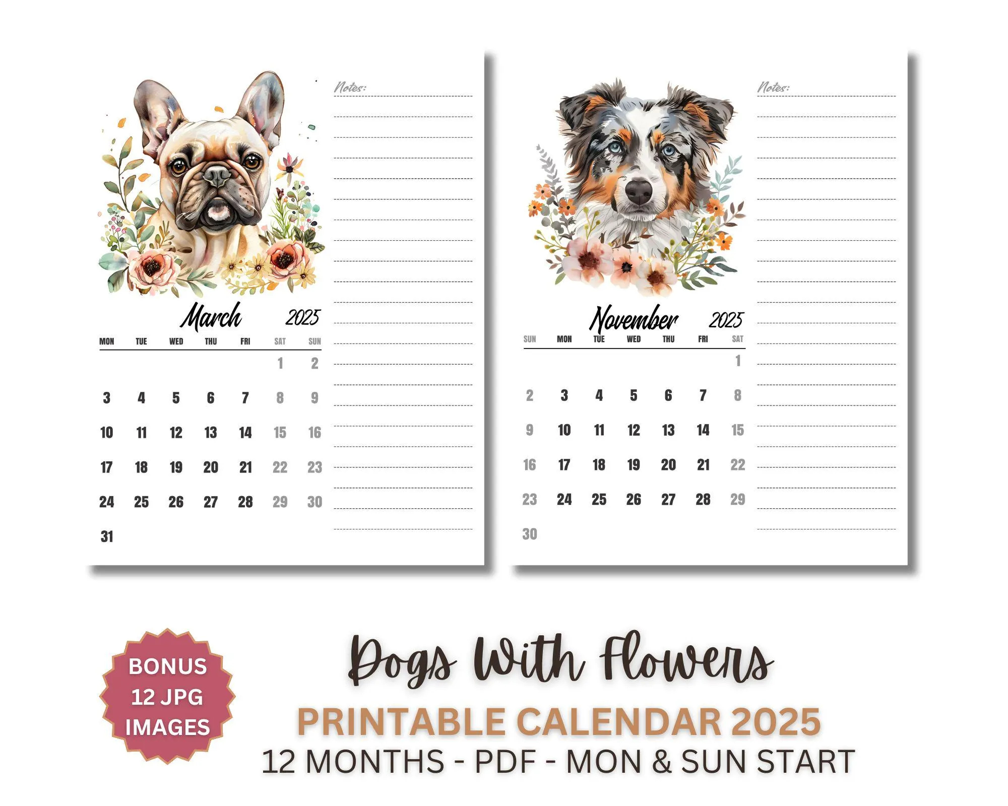 2025 Monthly Planner Printable With Dogs And Flowers A4 US Letter Monday And Sunday Start PDF And JPG Calendardigital Download Etsy