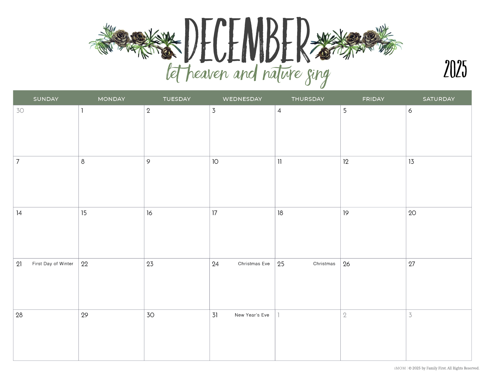 Free Printable Calendar December 2025 With Holidays
