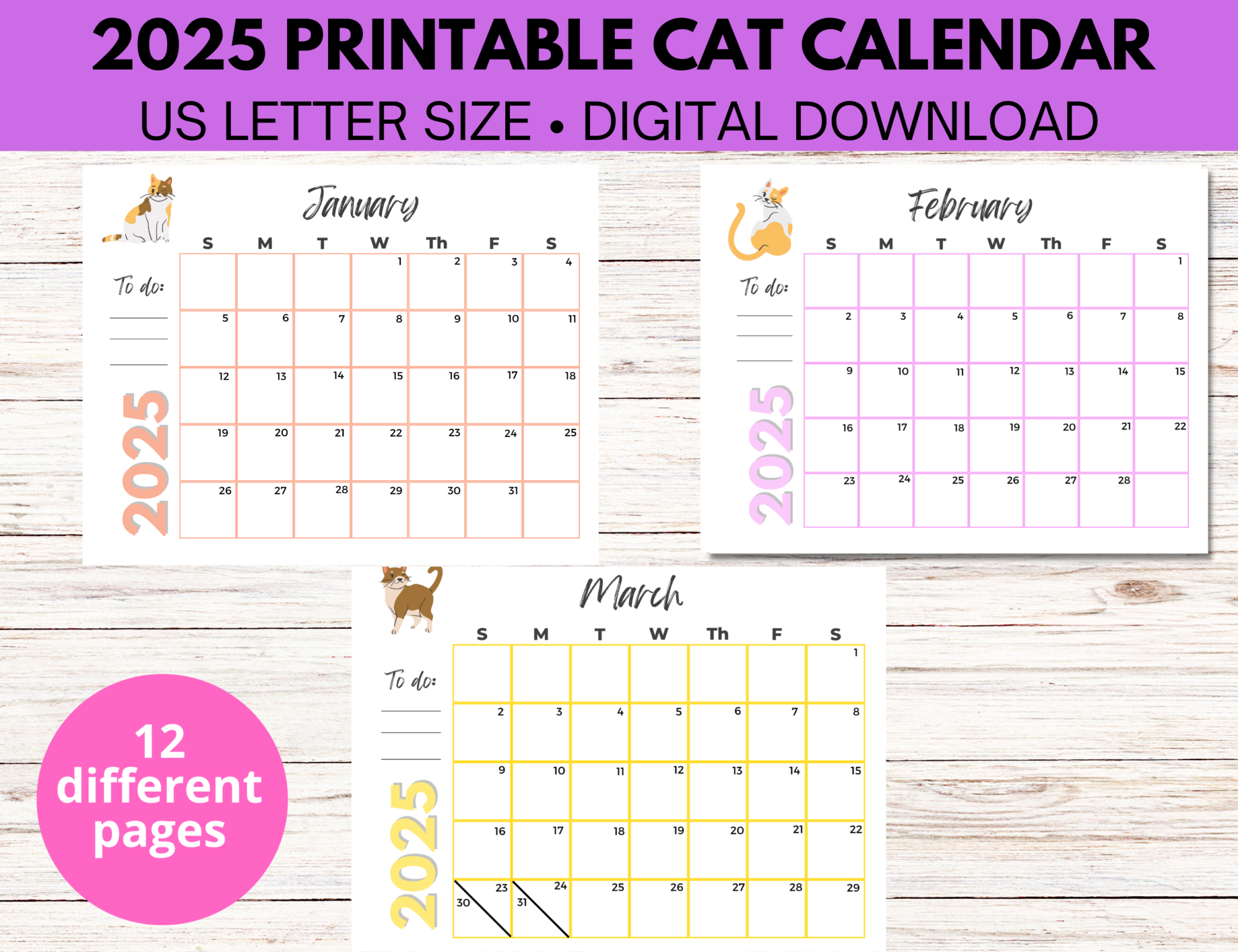 Free Calendar 12 Page 2025 Printable Cats