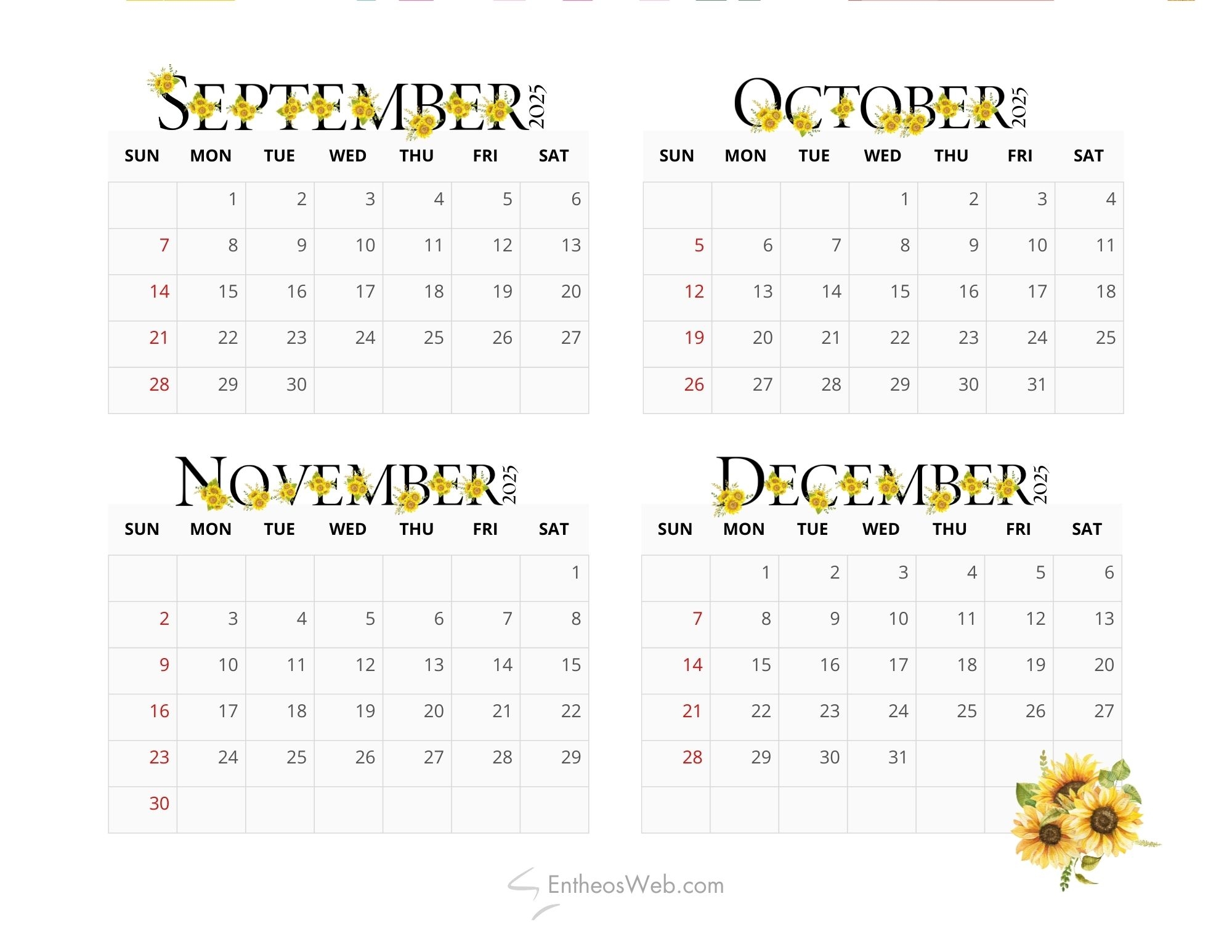 2025 Sunflowers Calendar Printable EntheosWeb